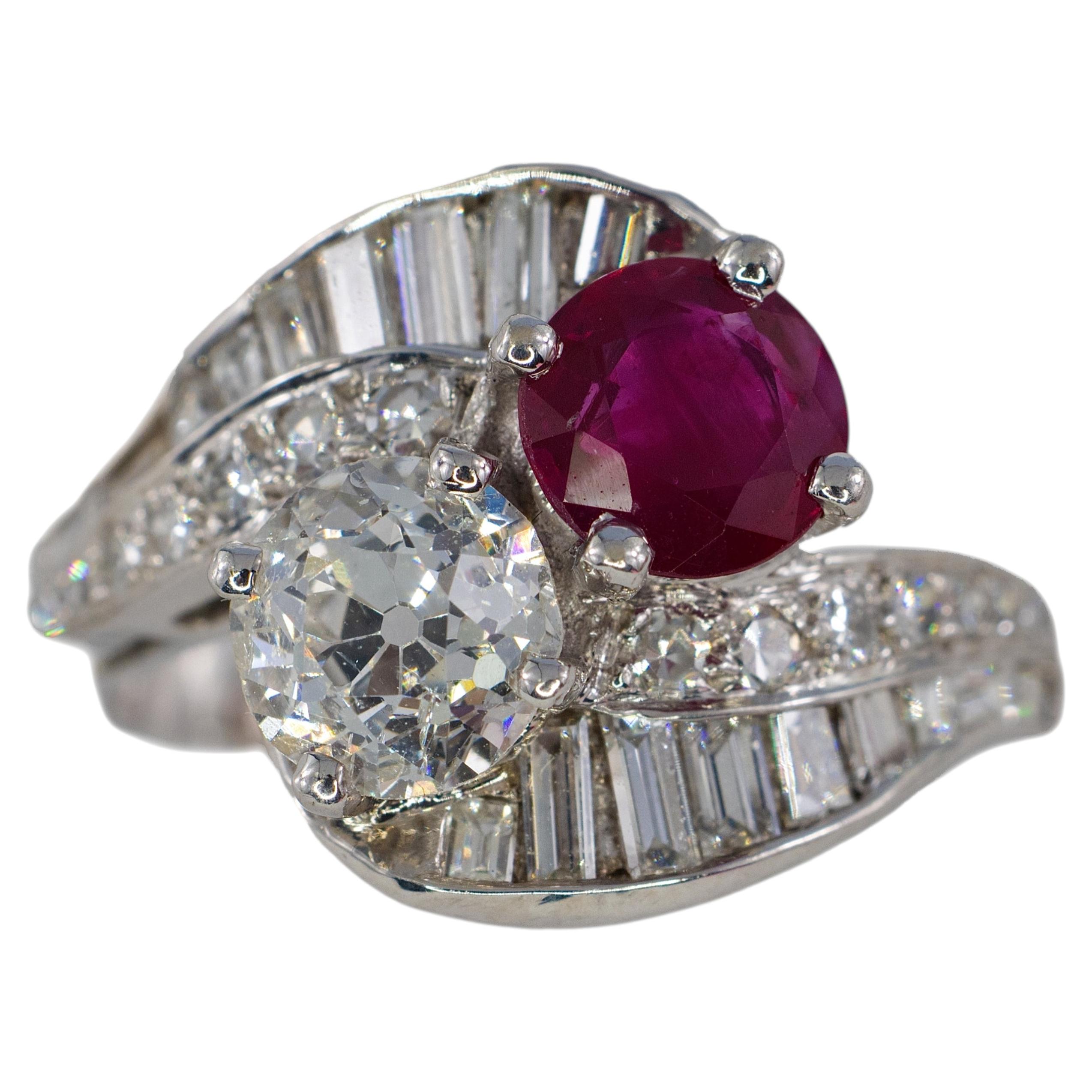 Ruby and Old European Cut Diamond Bypass Cocktail Ring