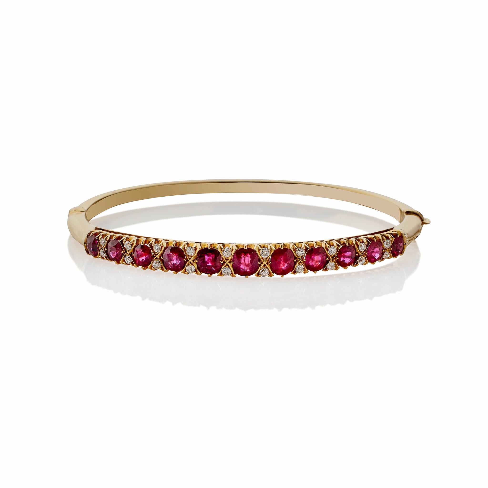 Late Victorian Ruby and Old Mine-cut Diamond Bangle Bracelet For Sale