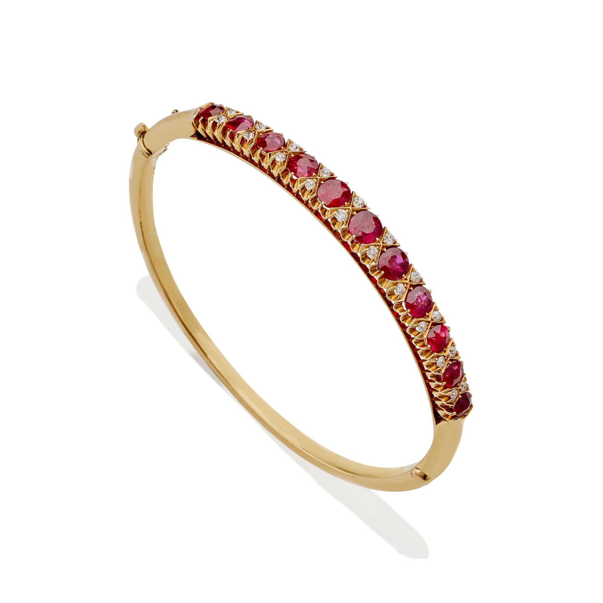 Round Cut Ruby and Old Mine-cut Diamond Bangle Bracelet For Sale
