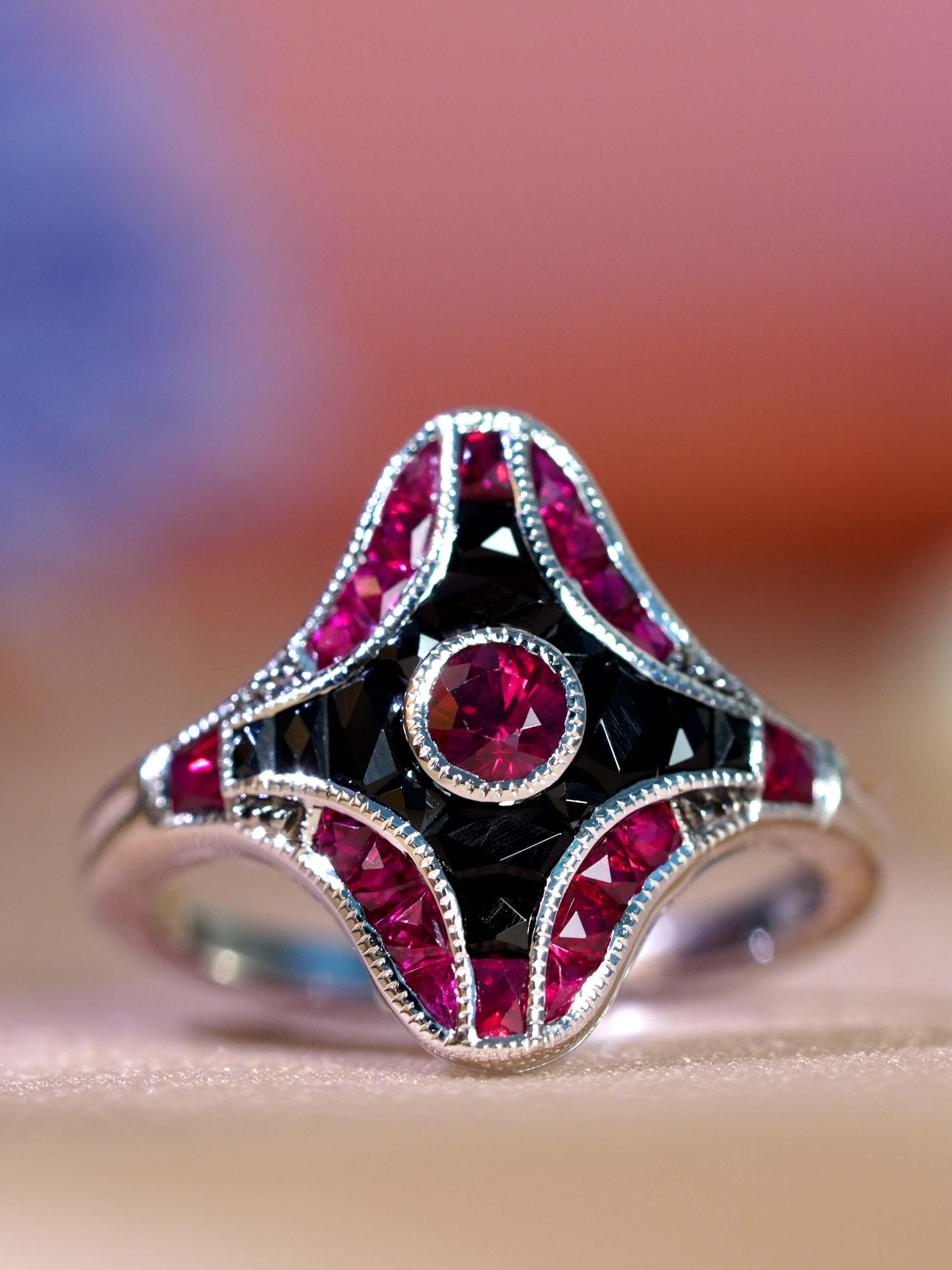 Round Cut Ruby and Onyx Art Deco Style Ring in 14K White Gold For Sale