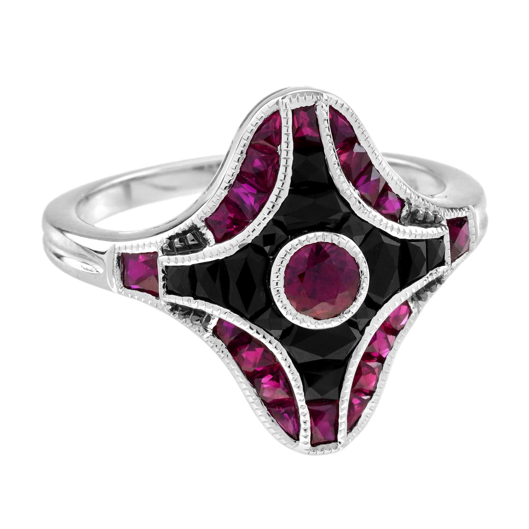 Women's Ruby and Onyx Art Deco Style Ring in 14K White Gold For Sale
