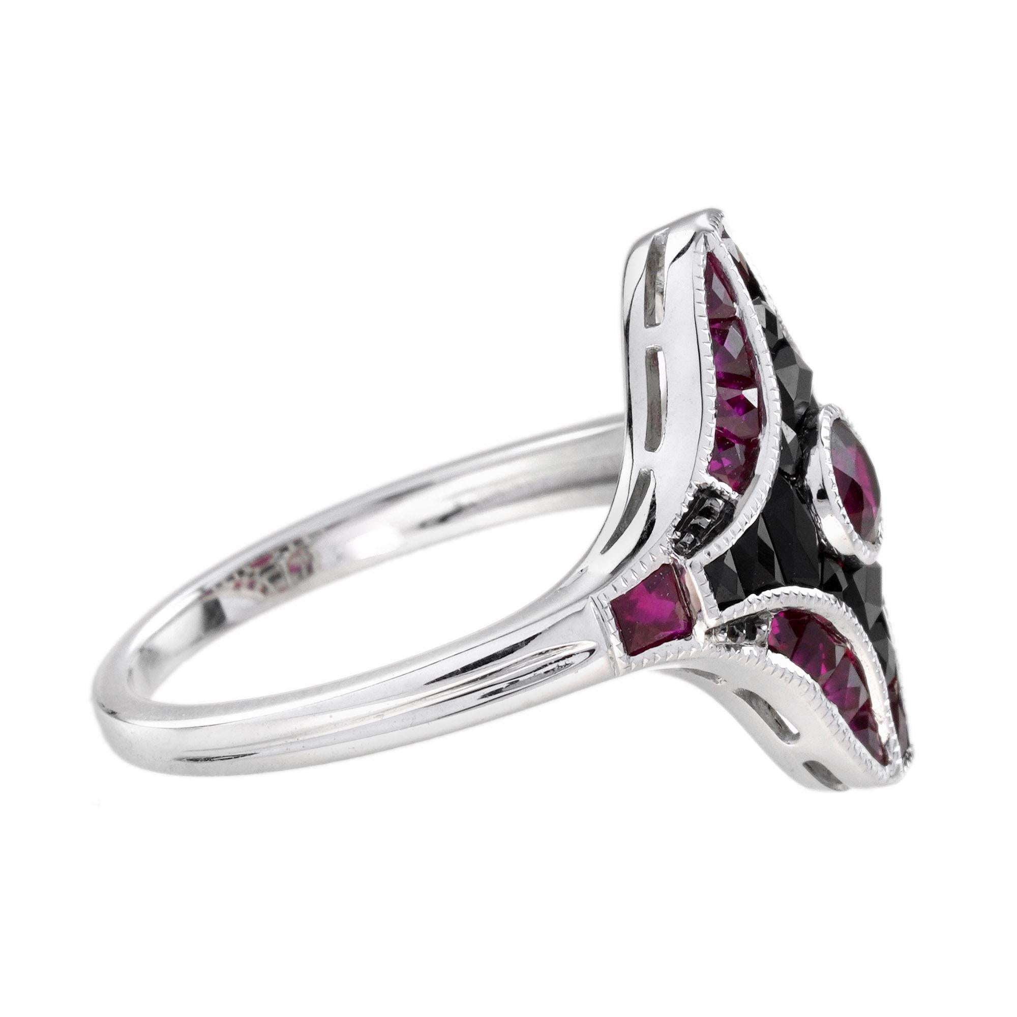 Ruby and Onyx Art Deco Style Ring in 14K White Gold For Sale 1