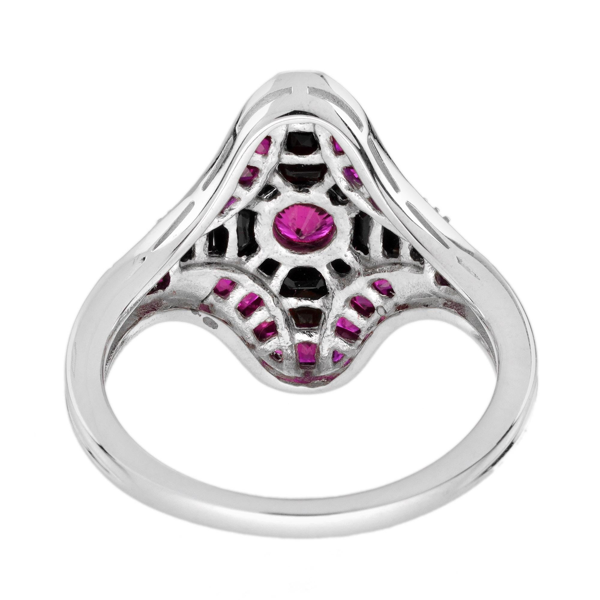 Ruby and Onyx Art Deco Style Ring in 14K White Gold For Sale 2
