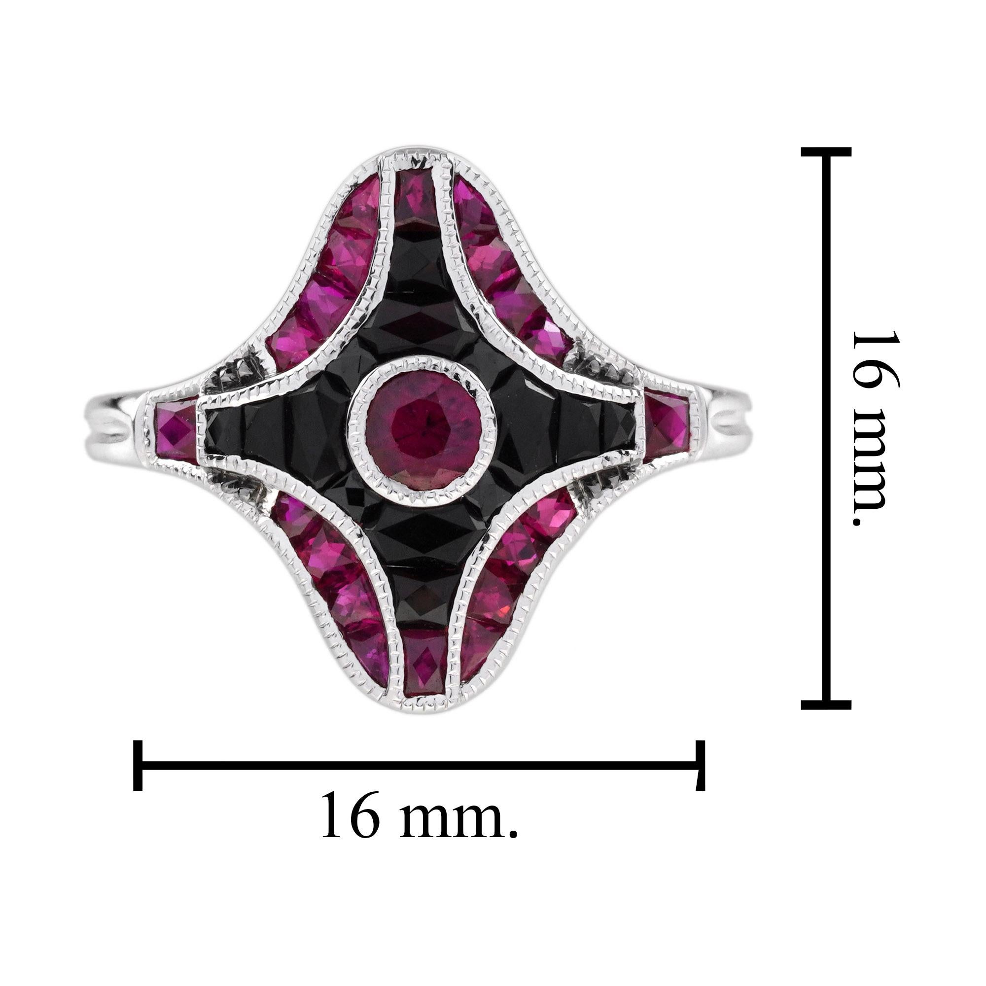 Ruby and Onyx Art Deco Style Ring in 14K White Gold For Sale 4