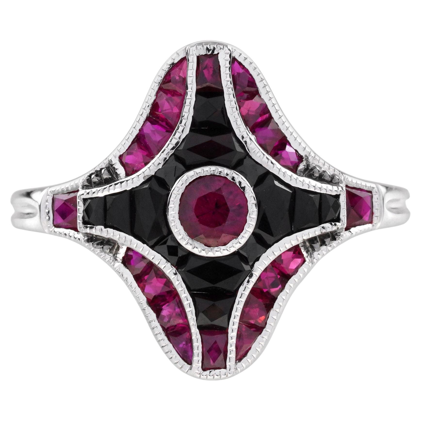 Ruby and Onyx Art Deco Style Ring in 14K White Gold For Sale
