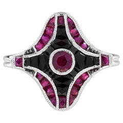 Ruby and Onyx Art Deco Style Ring in 14K White Gold