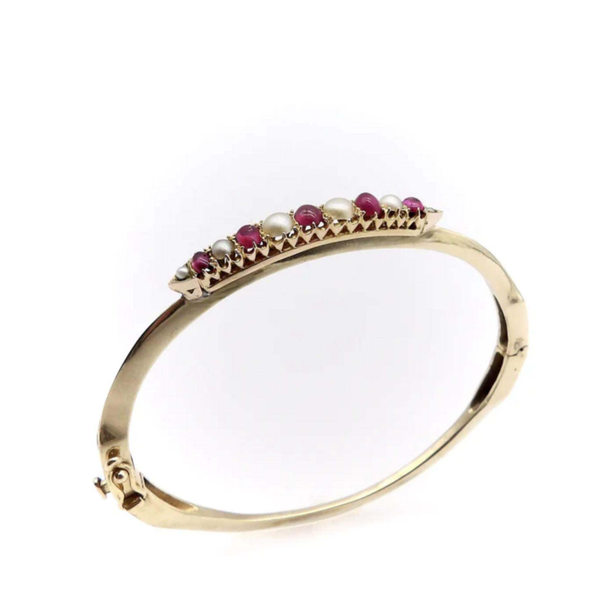 Cabochon Ruby and Pearl 14K Gold Victorian Knife Edge Bracelet For Sale