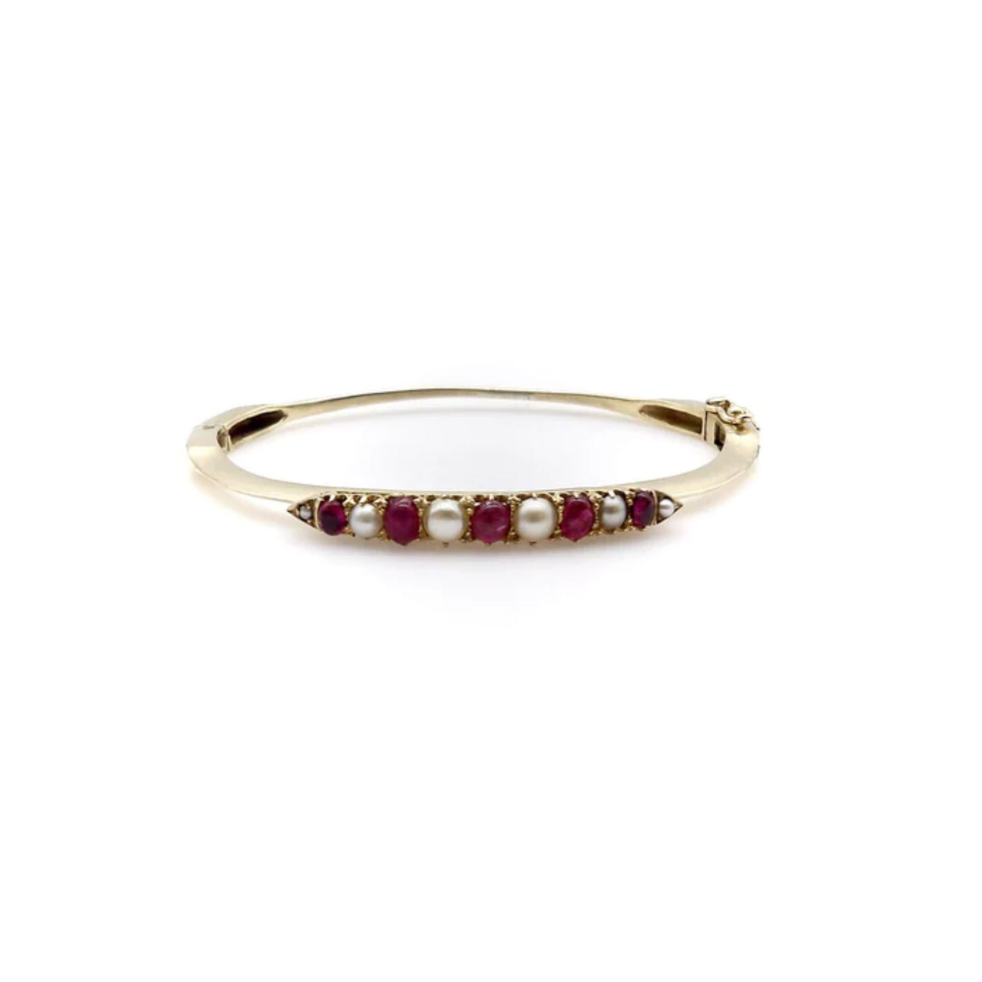 Ruby and Pearl 14K Gold Victorian Knife Edge Bracelet In Good Condition For Sale In Venice, CA