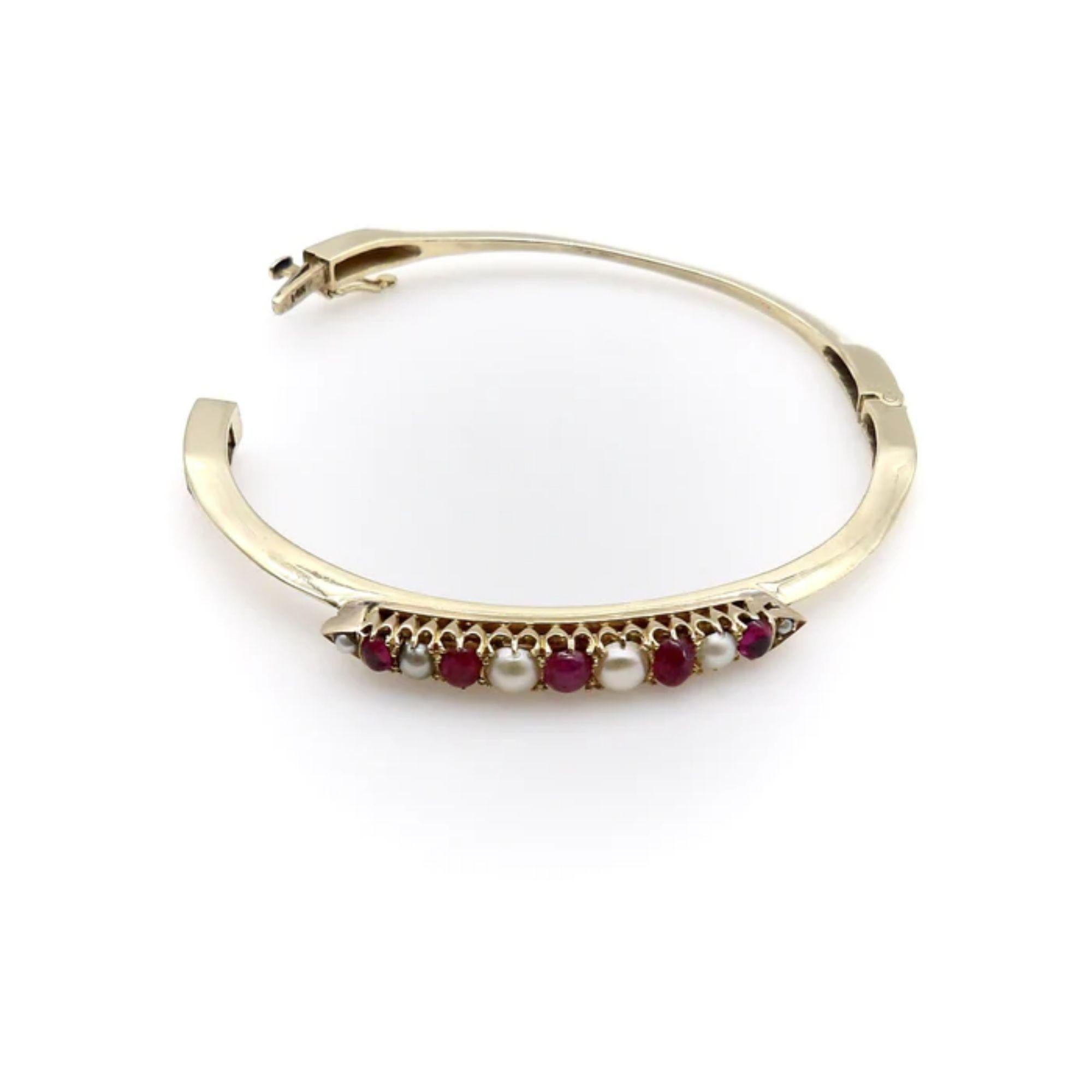 Ruby and Pearl 14K Gold Victorian Knife Edge Bracelet For Sale 1