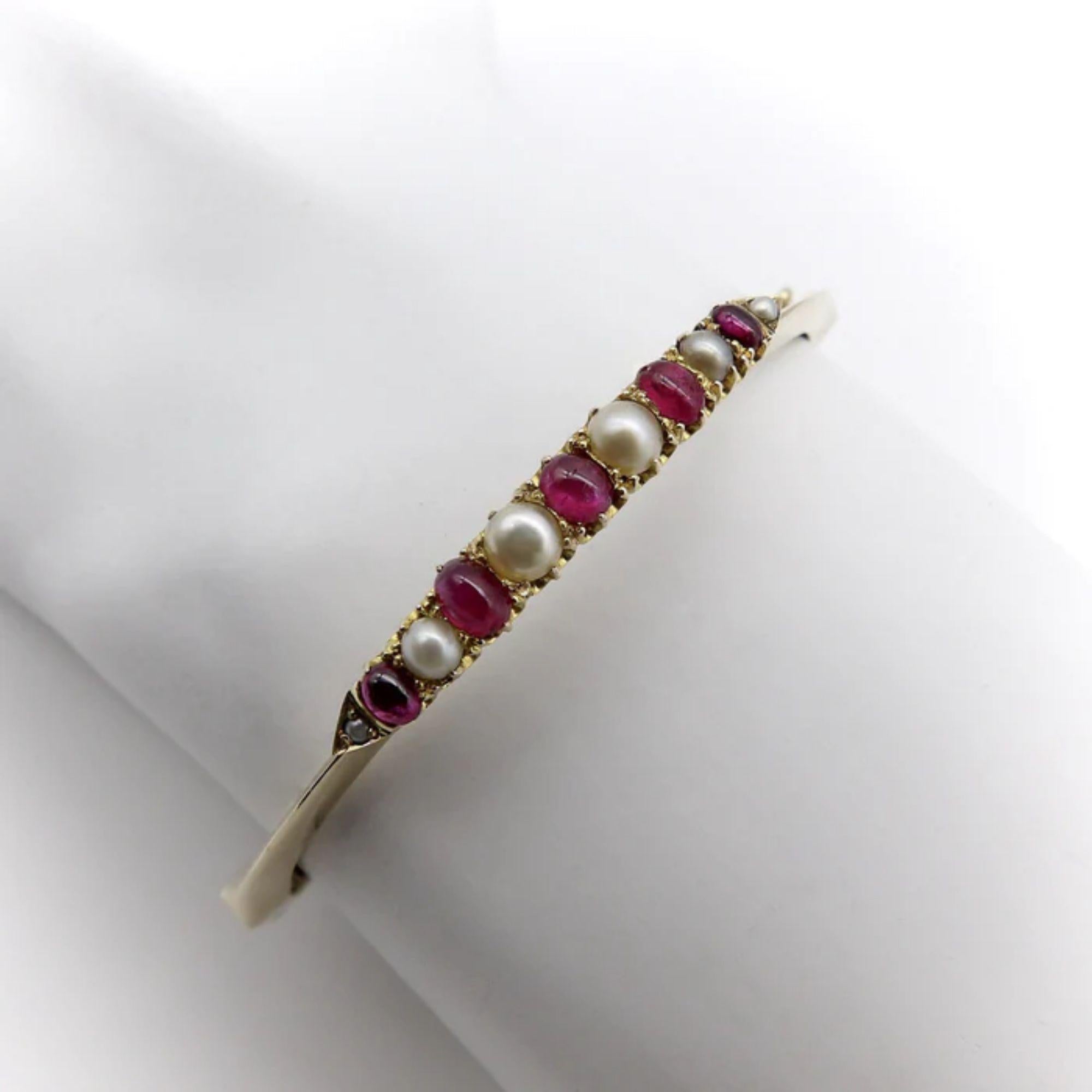 Ruby and Pearl 14K Gold Victorian Knife Edge Bracelet For Sale 2