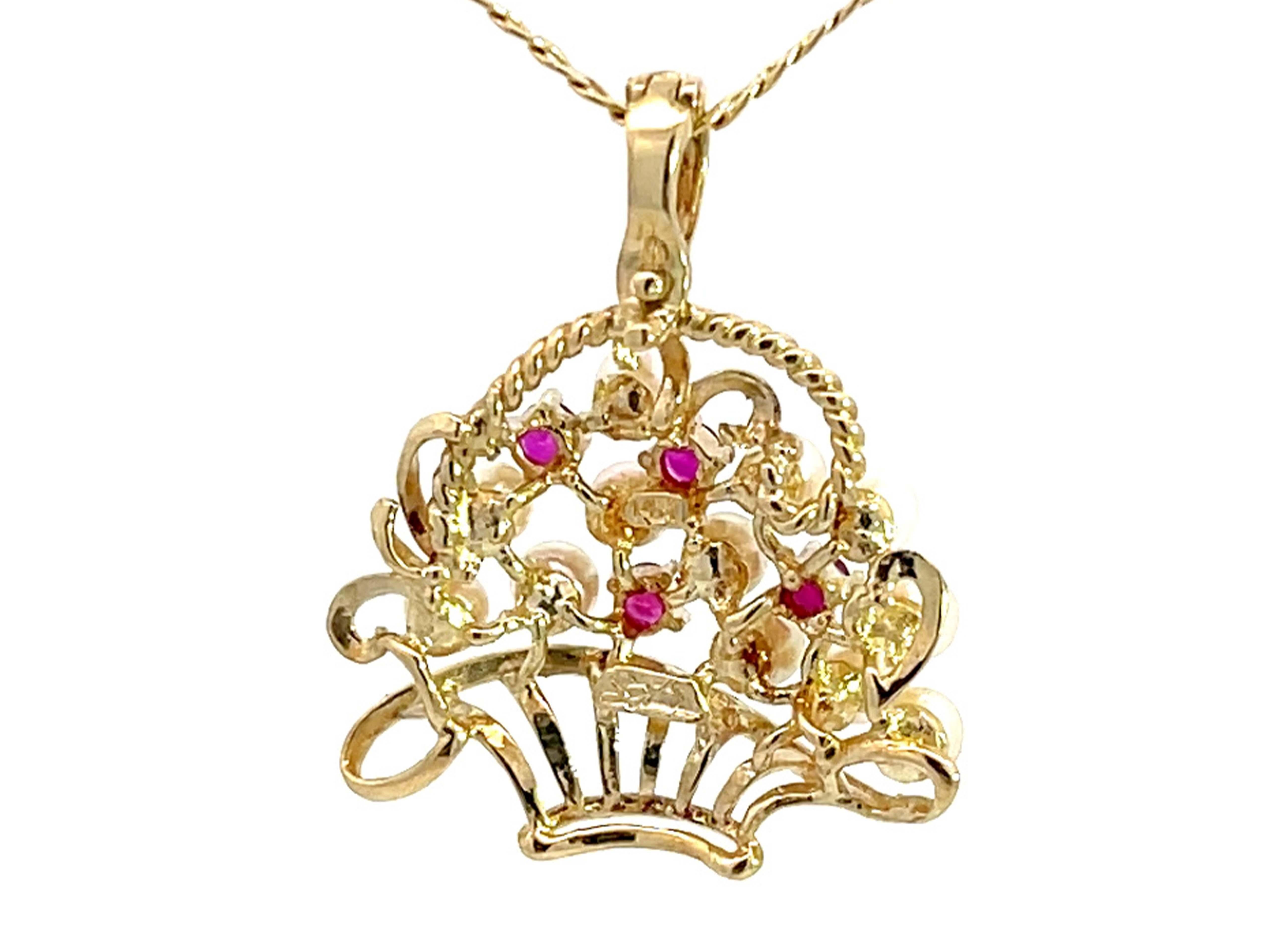 Round Cut Ruby and Pearl Basket Pendant with Chain in 14k Yellow Gold For Sale