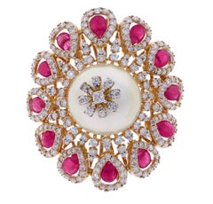 Ruby and Pearl Blooming Flower Ring with Diamonds