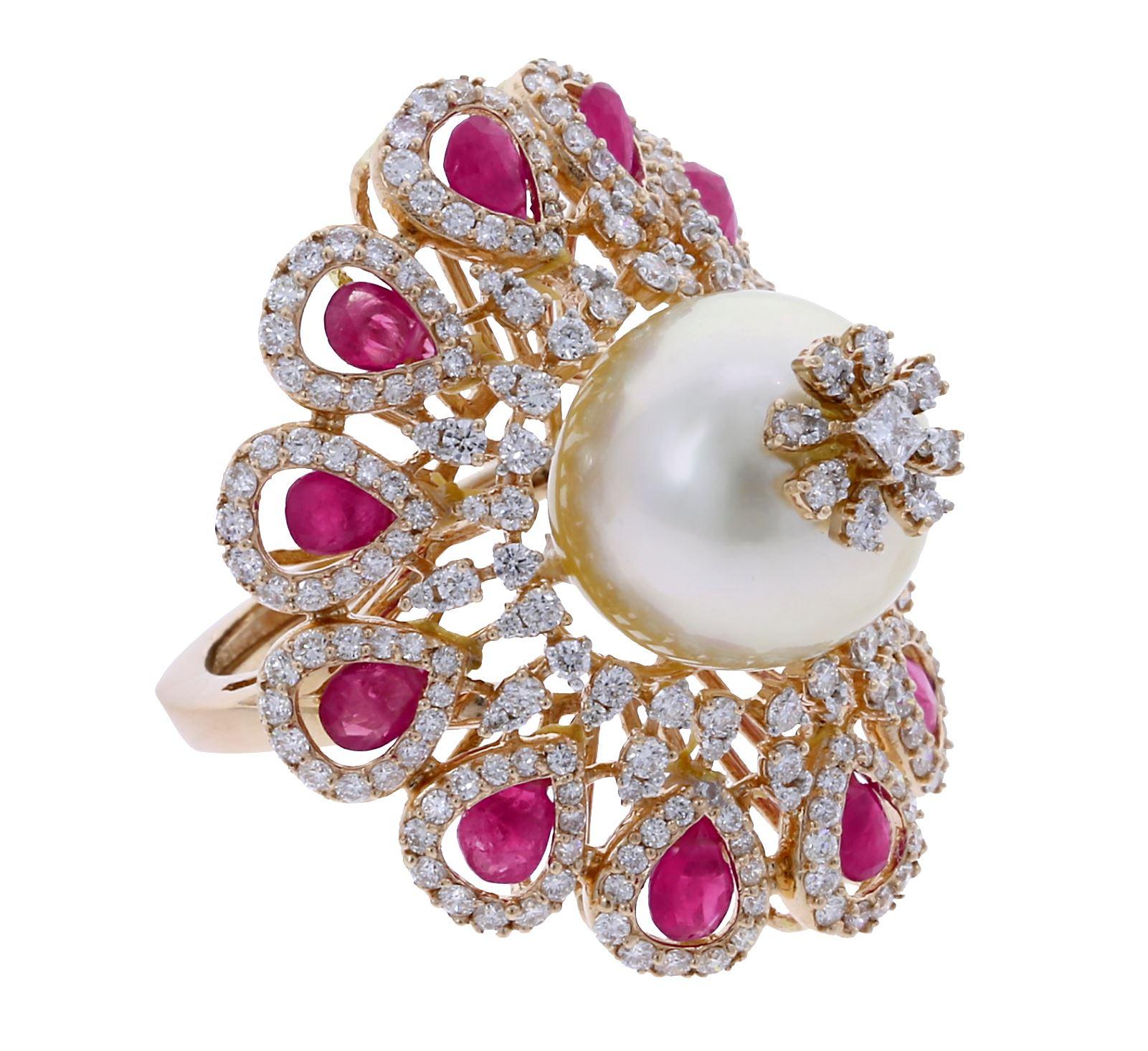Ruby and Pearl Blooming Flower Ring with Diamonds In New Condition In New York, NY