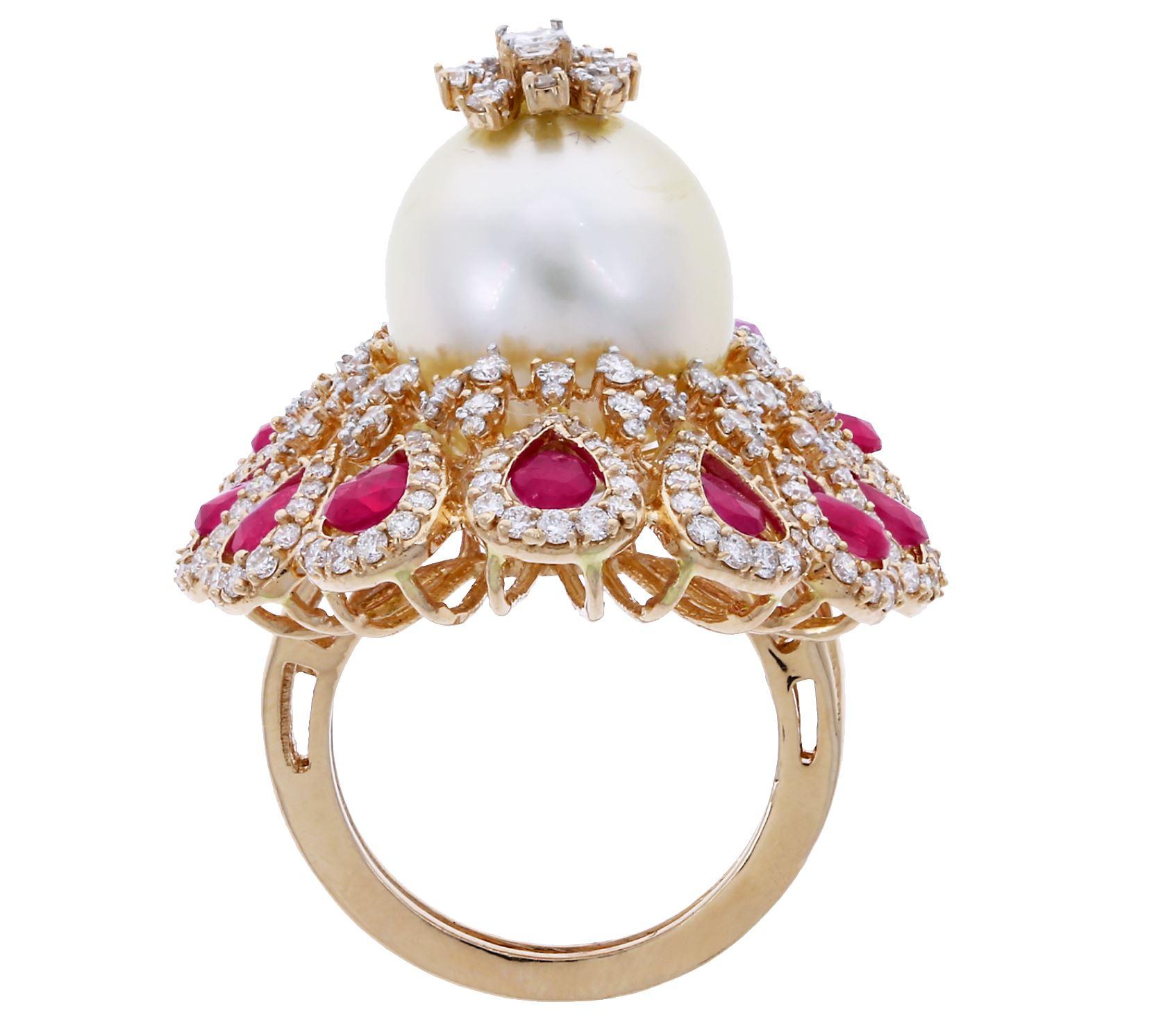 Women's or Men's Ruby and Pearl Blooming Flower Ring with Diamonds