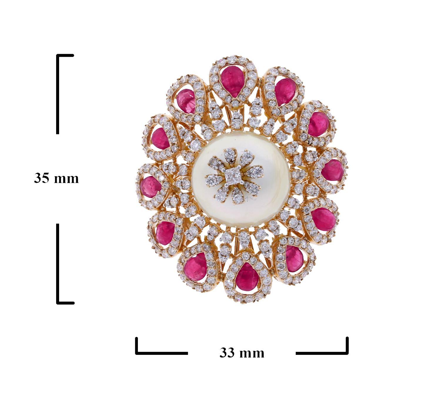 Ruby and Pearl Blooming Flower Ring with Diamonds 1