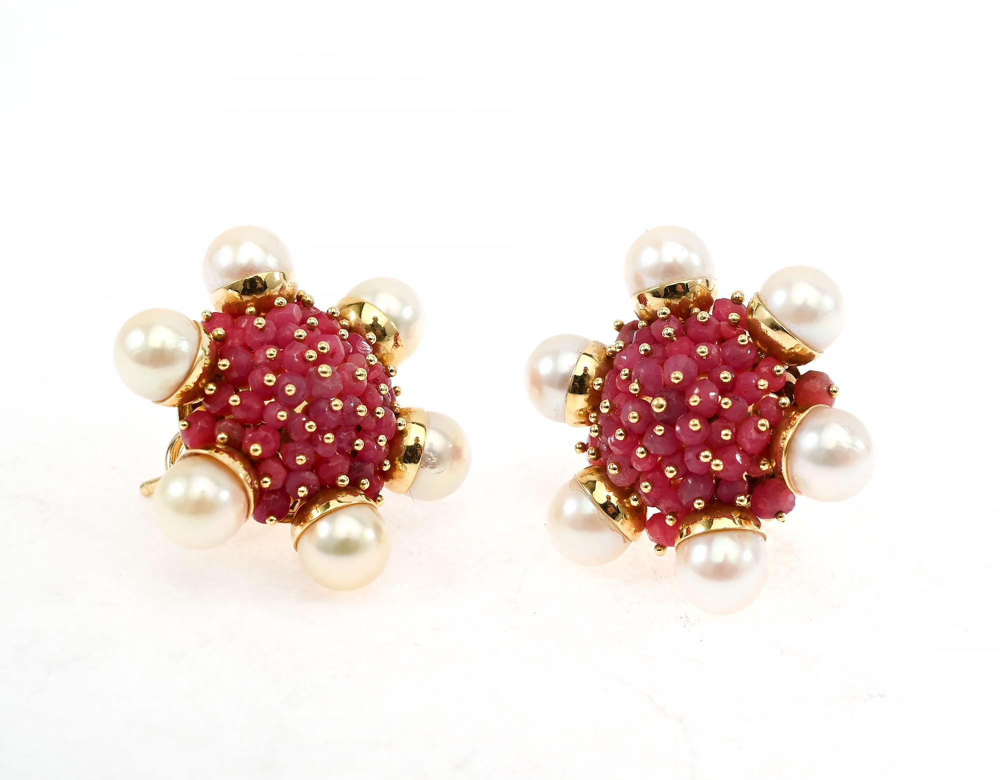 Modern Ruby and Pearl Cluster Earrings For Sale