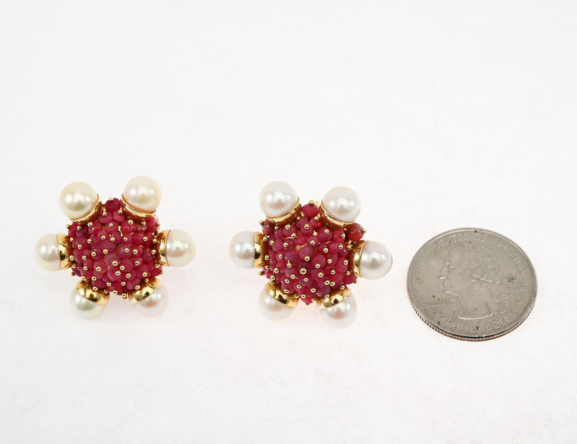 Cabochon Ruby and Pearl Cluster Earrings For Sale