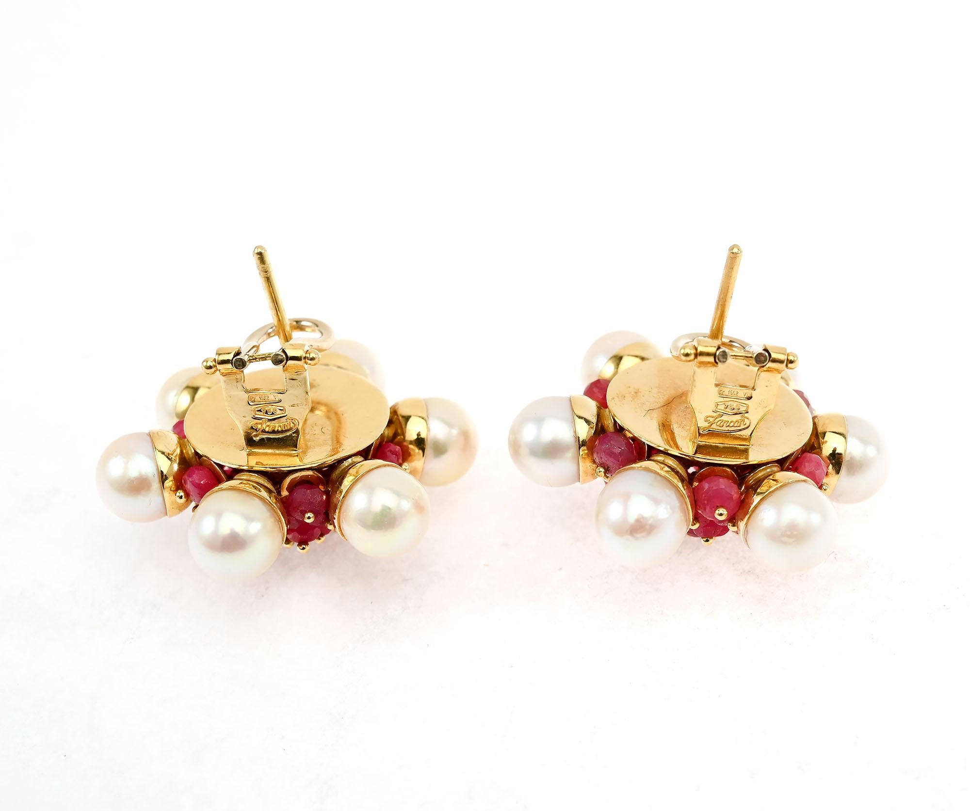 Ruby and Pearl Cluster Earrings In Excellent Condition For Sale In Darnestown, MD