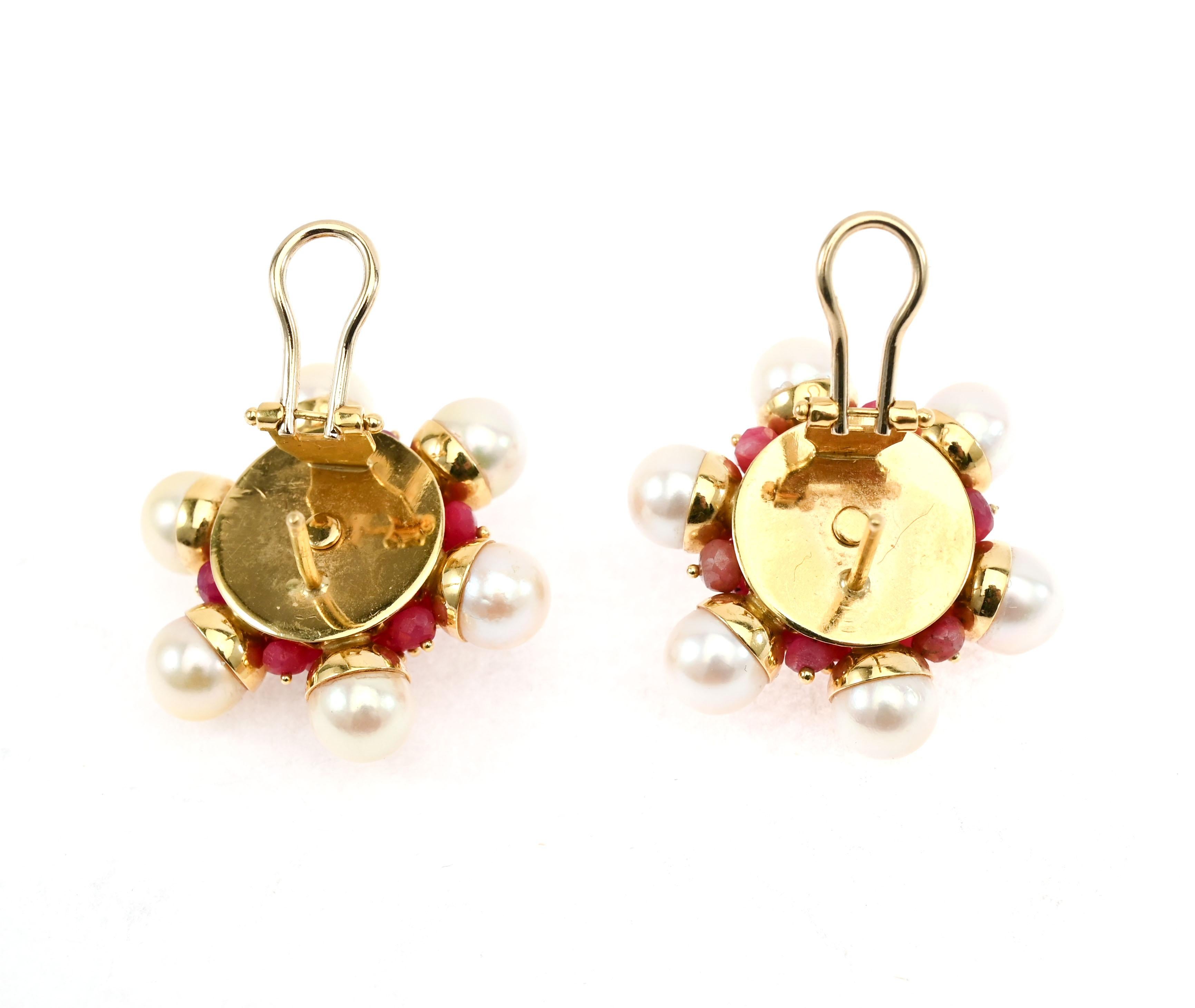 Women's or Men's Ruby and Pearl Cluster Earrings For Sale