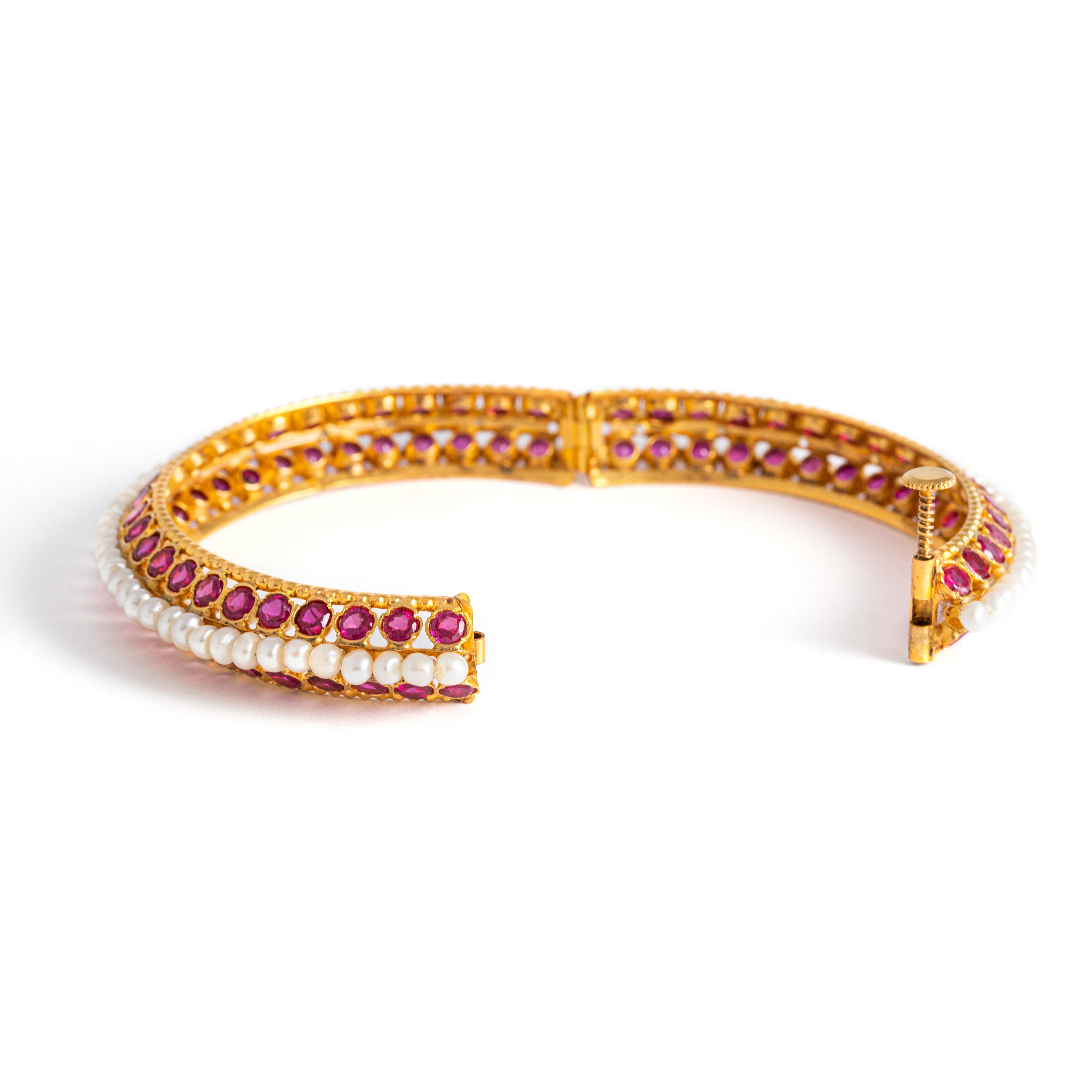 Anglo-Indian Ruby and Pearl Gold Bangle For Sale