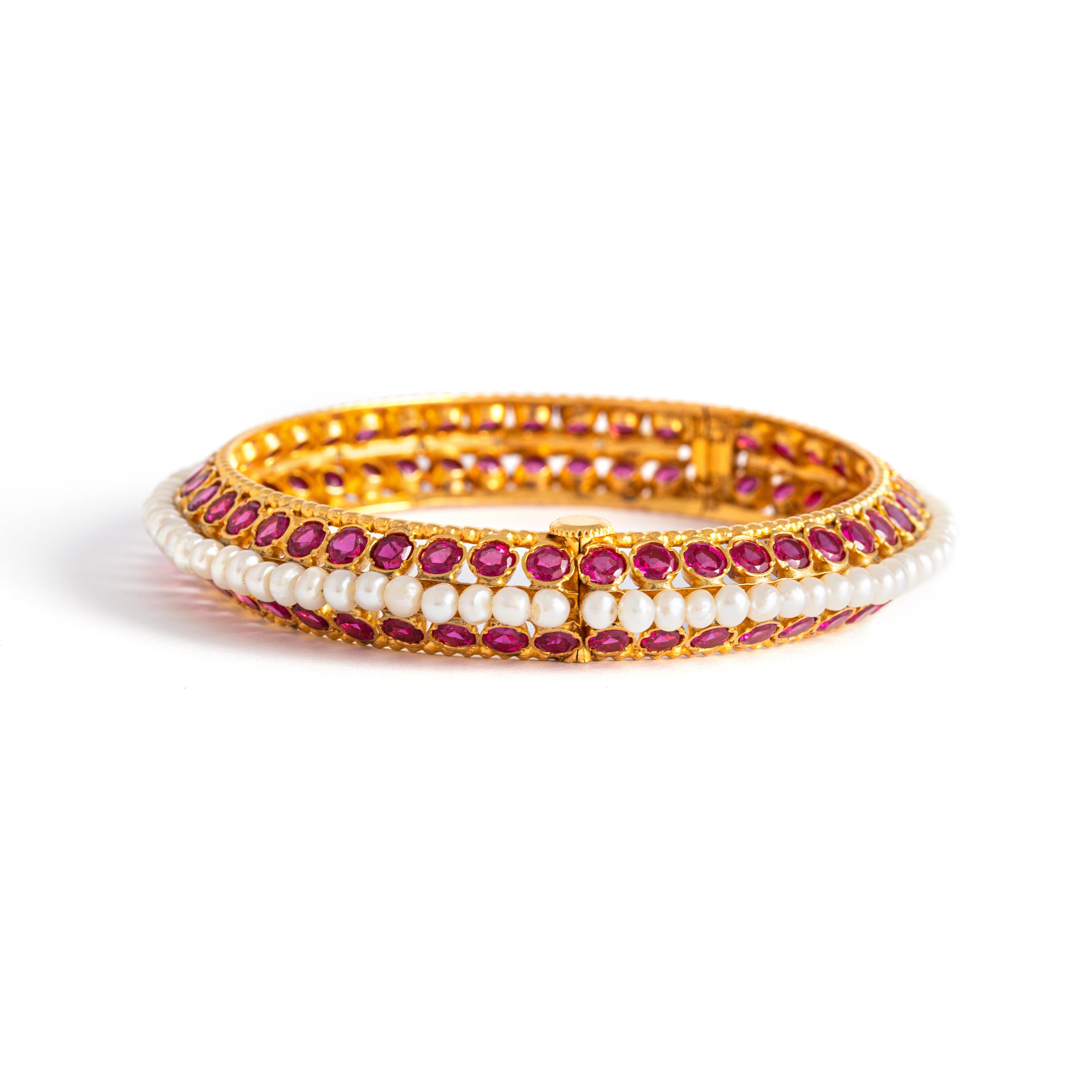 Round Cut Ruby and Pearl Gold Bangle For Sale