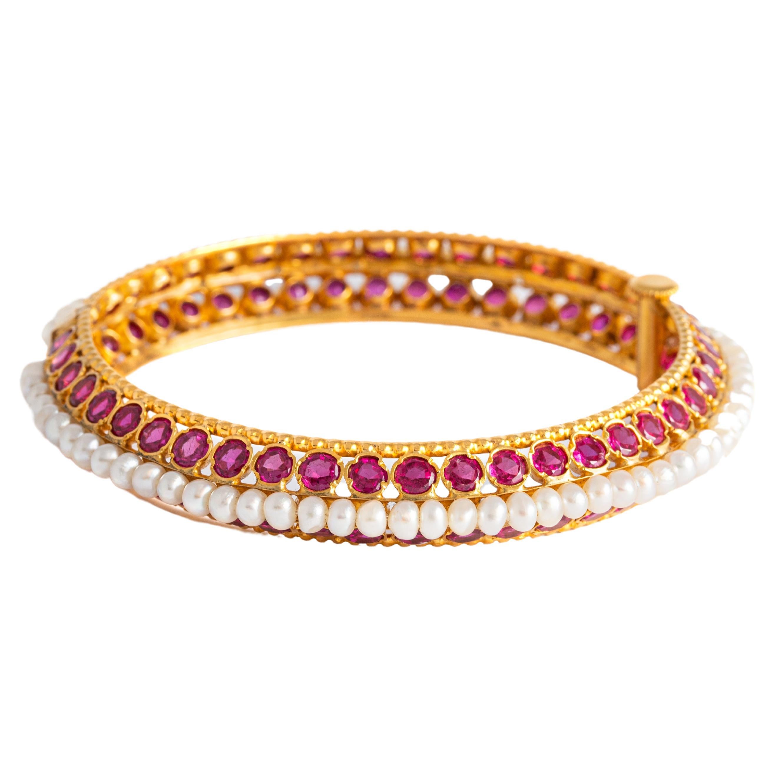 Ruby and Pearl Gold Bangle
