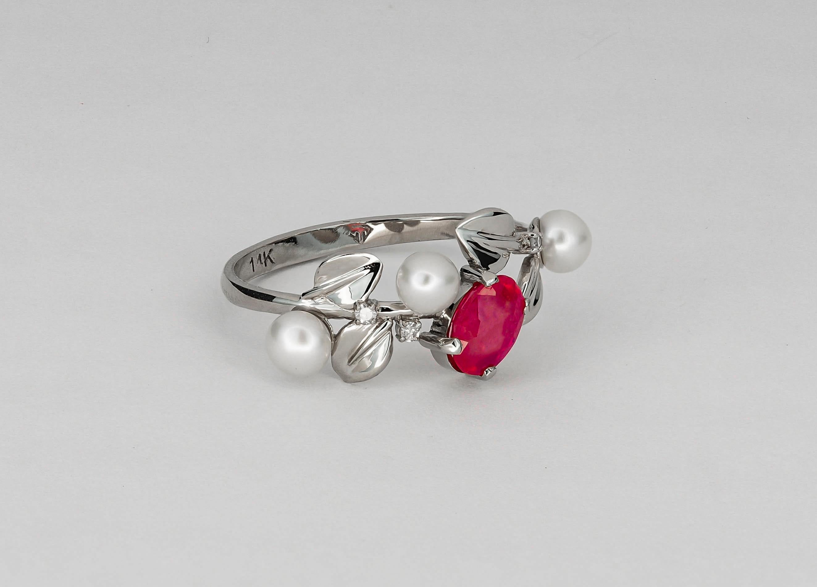 Modern Ruby and pearl gold ring.  For Sale