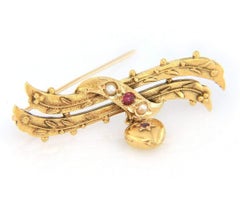 Ruby and Pearl Heart Dangle Brooch in 14K Yellow Gold