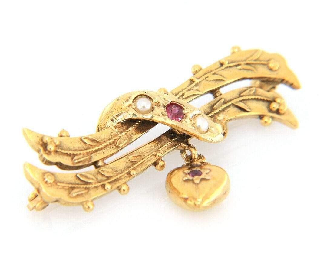 Round Cut Ruby and Pearl Heart Dangle Brooch in 14K Yellow Gold For Sale