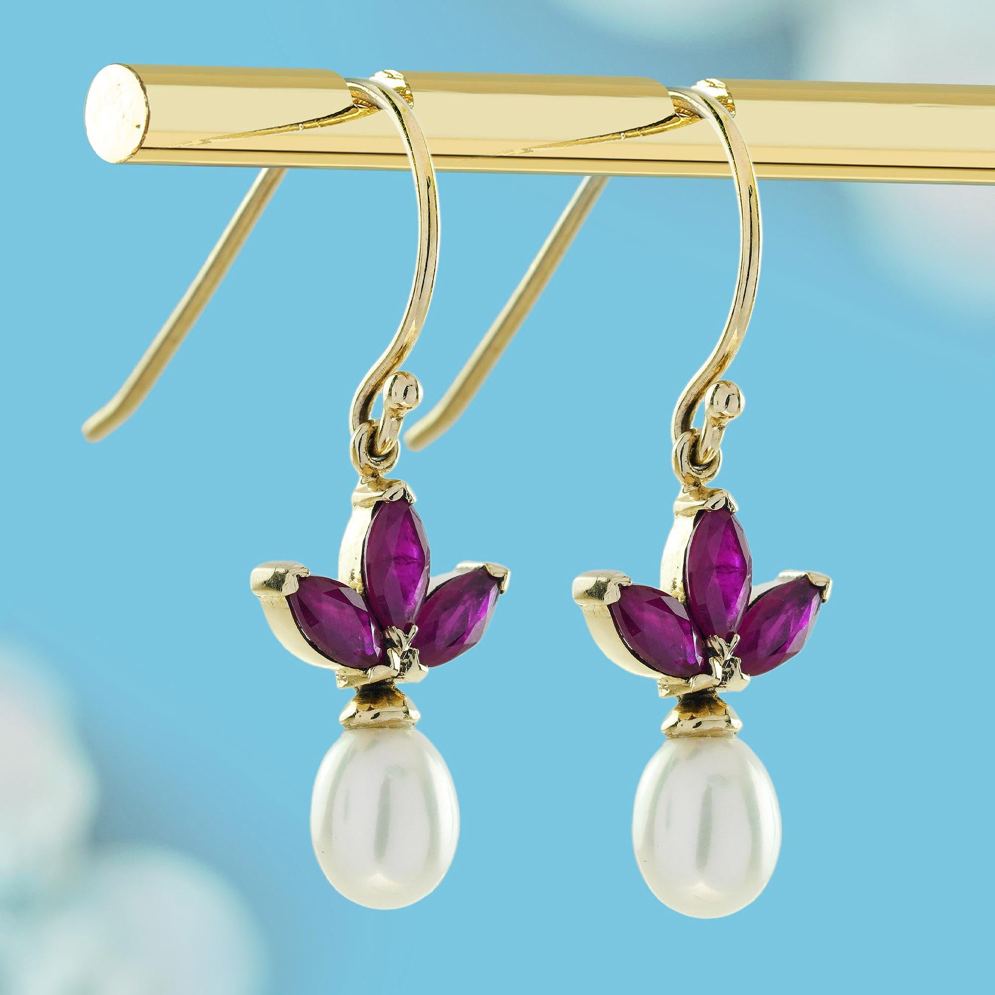 Edwardian Ruby and Pearl Vintage Style Drop Earrings in Solid 9K Yellow Gold For Sale