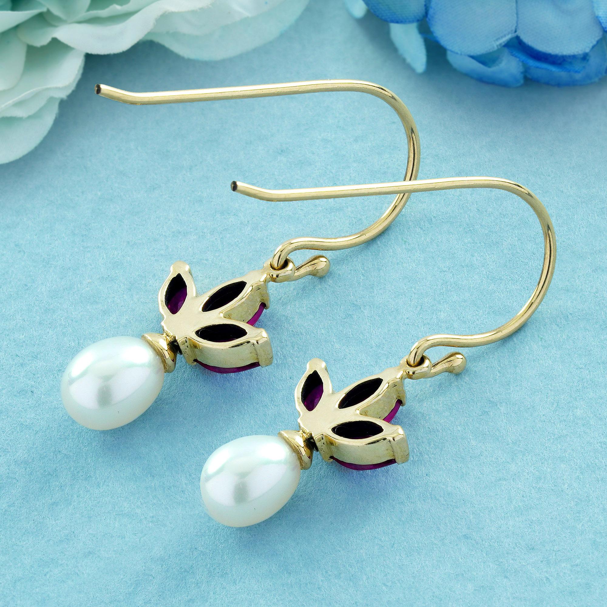 Marquise Cut Ruby and Pearl Vintage Style Drop Earrings in Solid 9K Yellow Gold For Sale