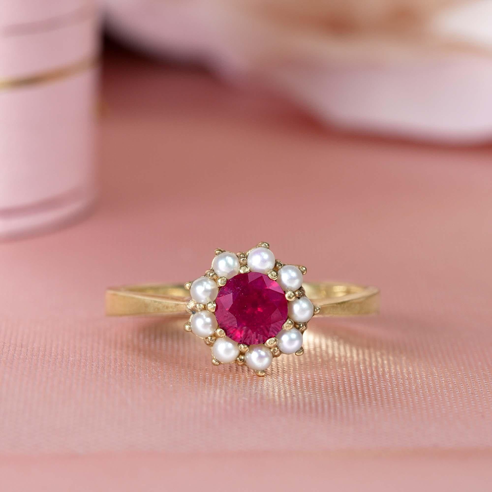 Anillo Floral Estilo Vintage de Rubí y Perla en Oro Amarillo Macizo de 14K en venta 4
