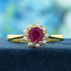 Ruby and Pearl Vintage Style Floral Ring in Solid 14K Yellow Gold