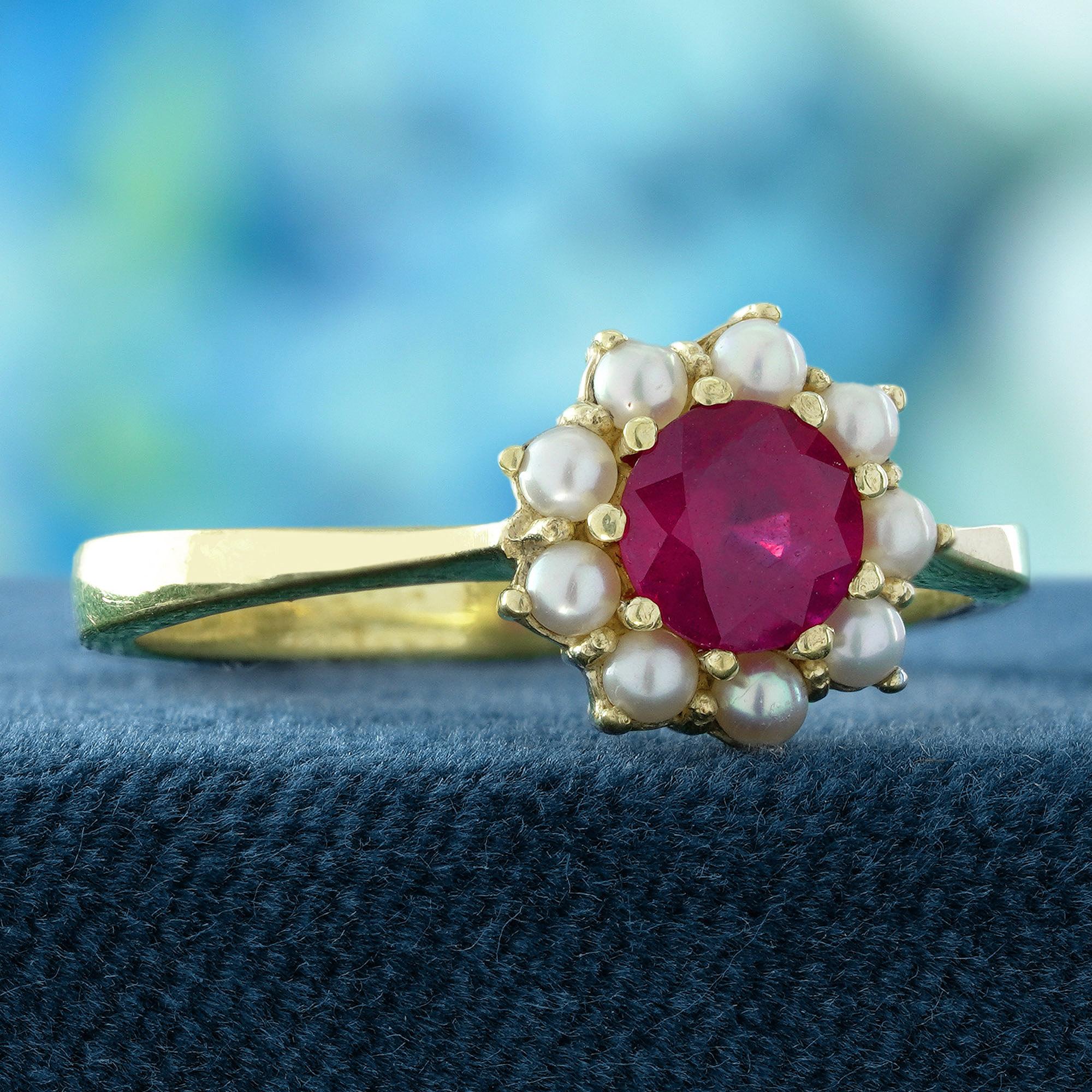 Anillo Floral Estilo Vintage de Rubí y Perla en Oro Amarillo Macizo de 14K Eduardiano en venta