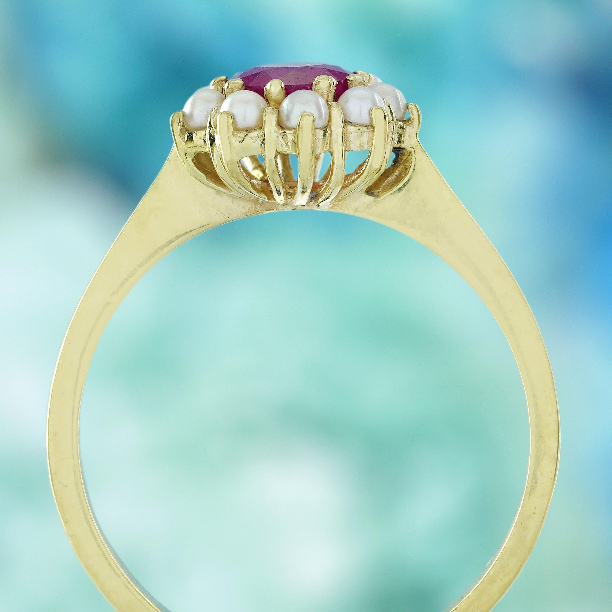 Rubin und Perle Vintage Style Floral Ring in massivem 14K Gelbgold im Zustand „Neu“ im Angebot in Bangkok, TH
