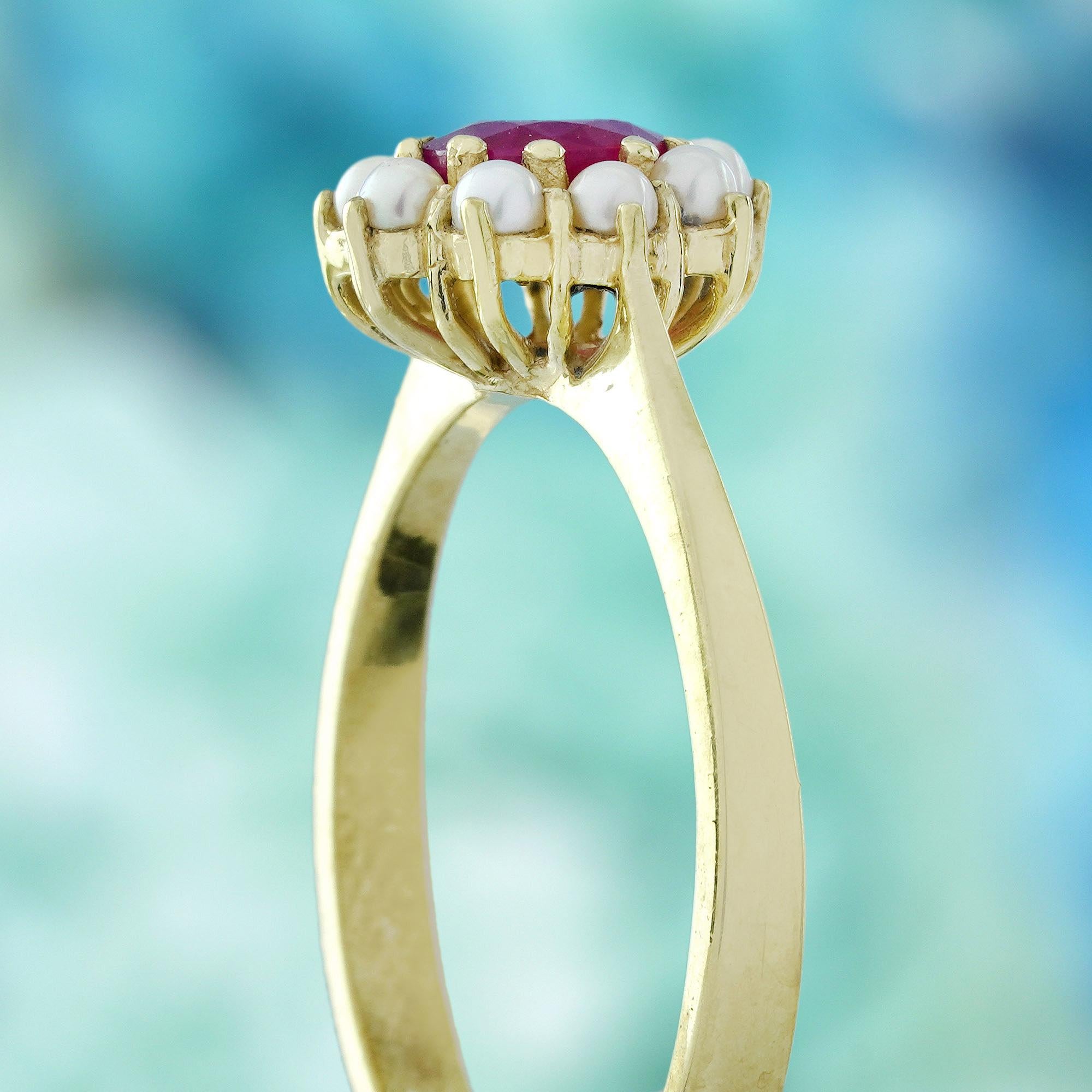 Rubin und Perle Vintage Style Floral Ring in massivem 14K Gelbgold Damen im Angebot