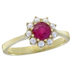 Ruby and Pearl Vintage Style Floral Ring in Solid 14K Yellow Gold