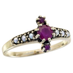 Ruby and Pearl Vintage Style Ring in Solid 9K Yellow Gold