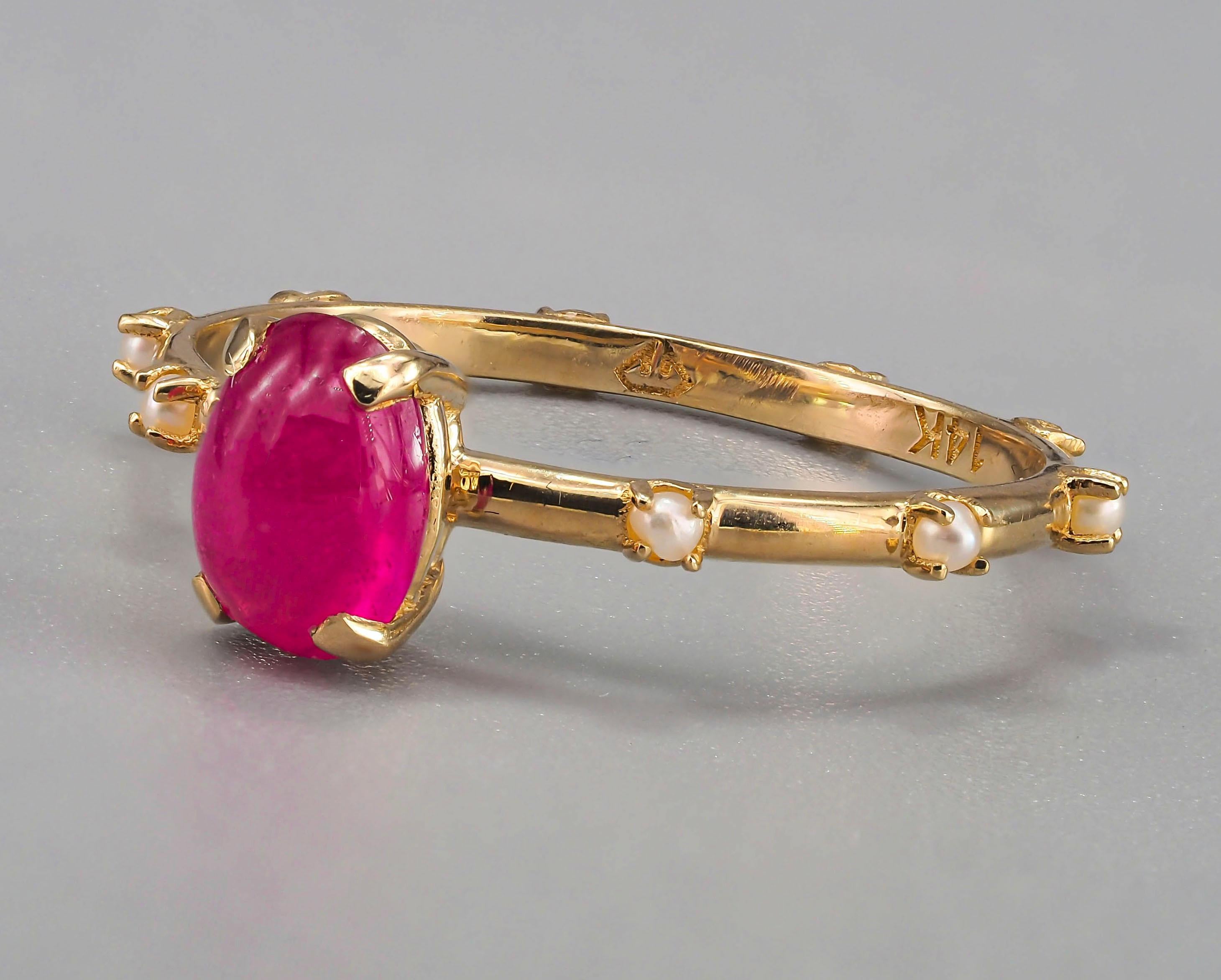 Ruby and pearls ring in 14k gold.  For Sale 2