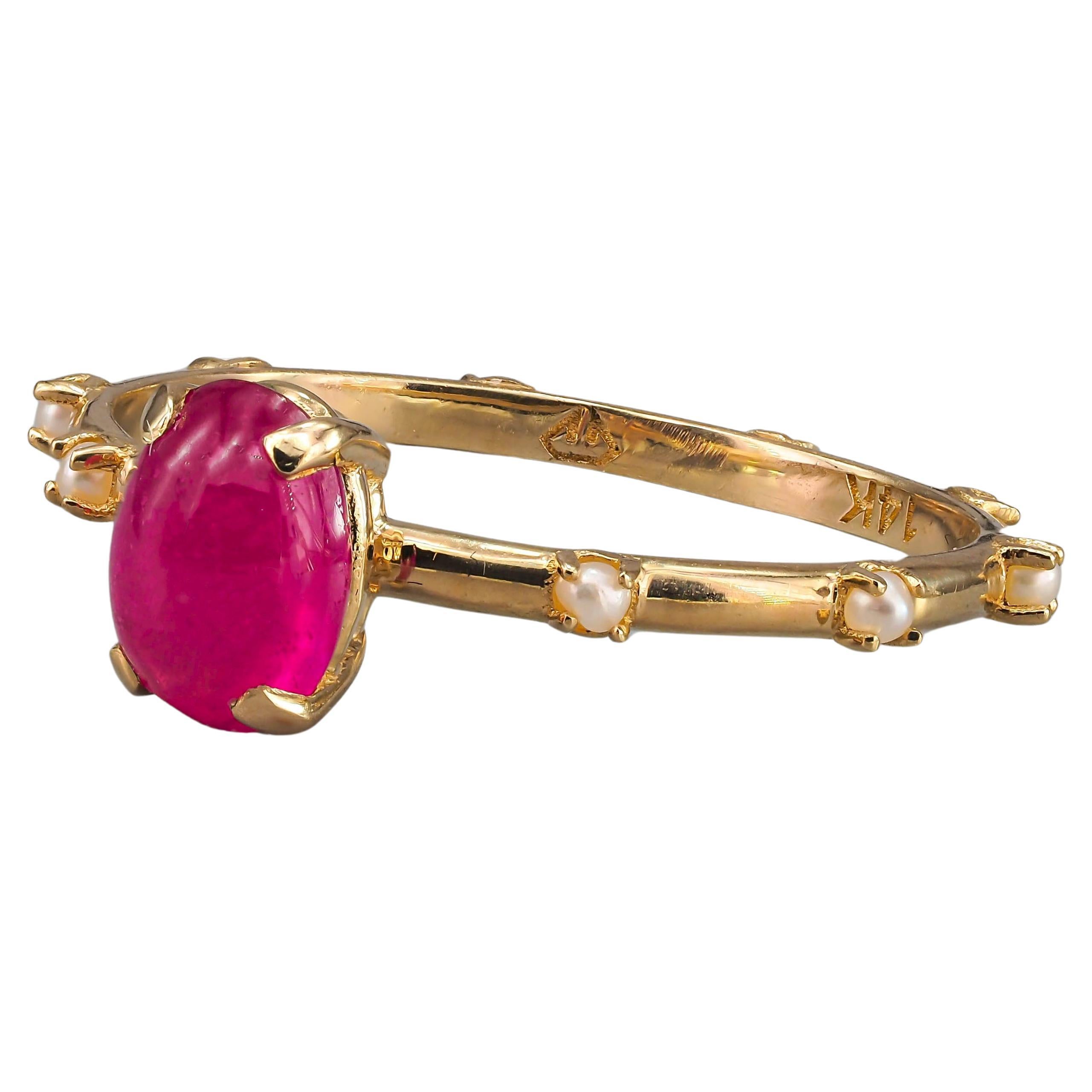 Ruby and pearls ring in 14k gold.  For Sale