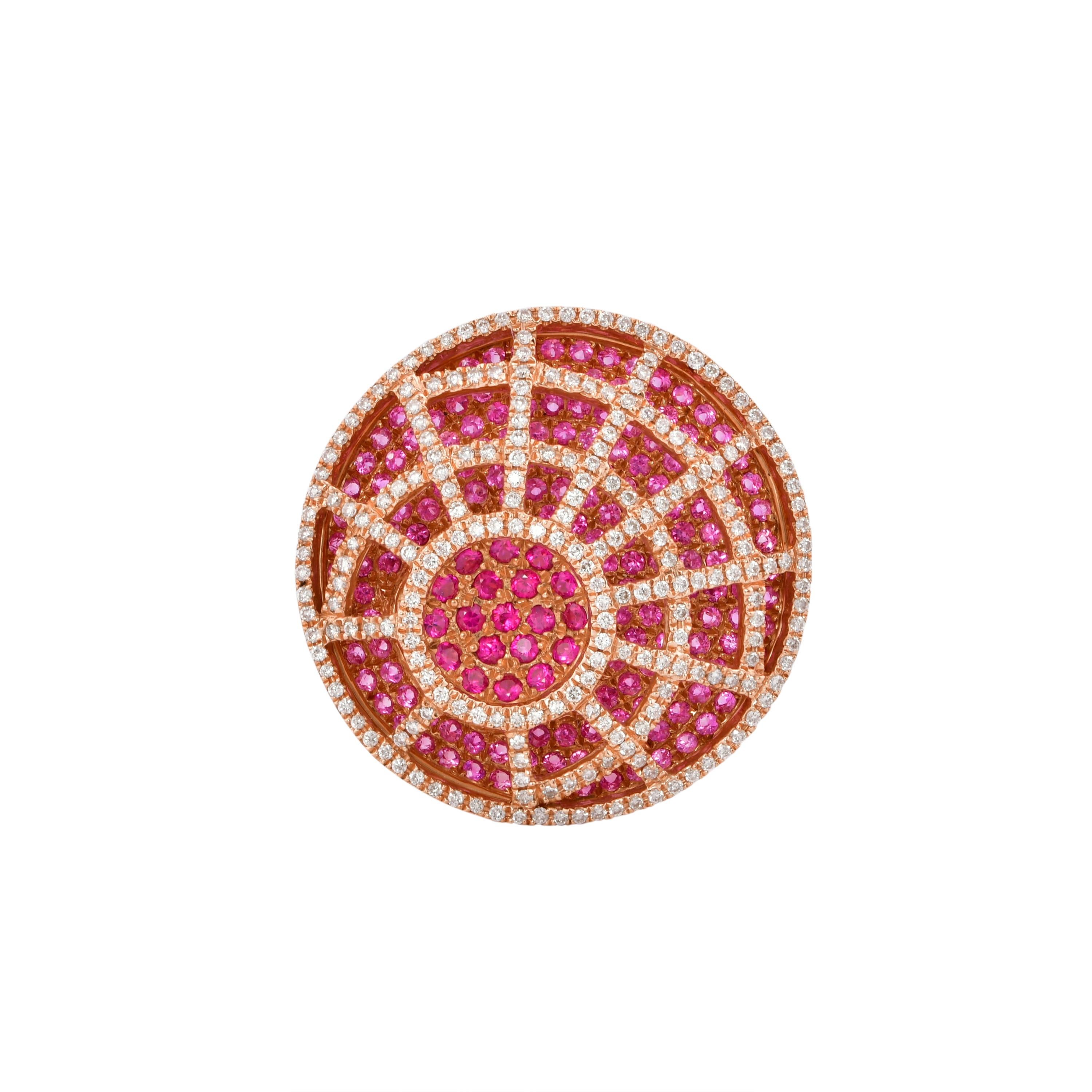 Contemporary Ruby and Pink Sapphire Cocktail Ring in 14 Karat Rose Gold For Sale
