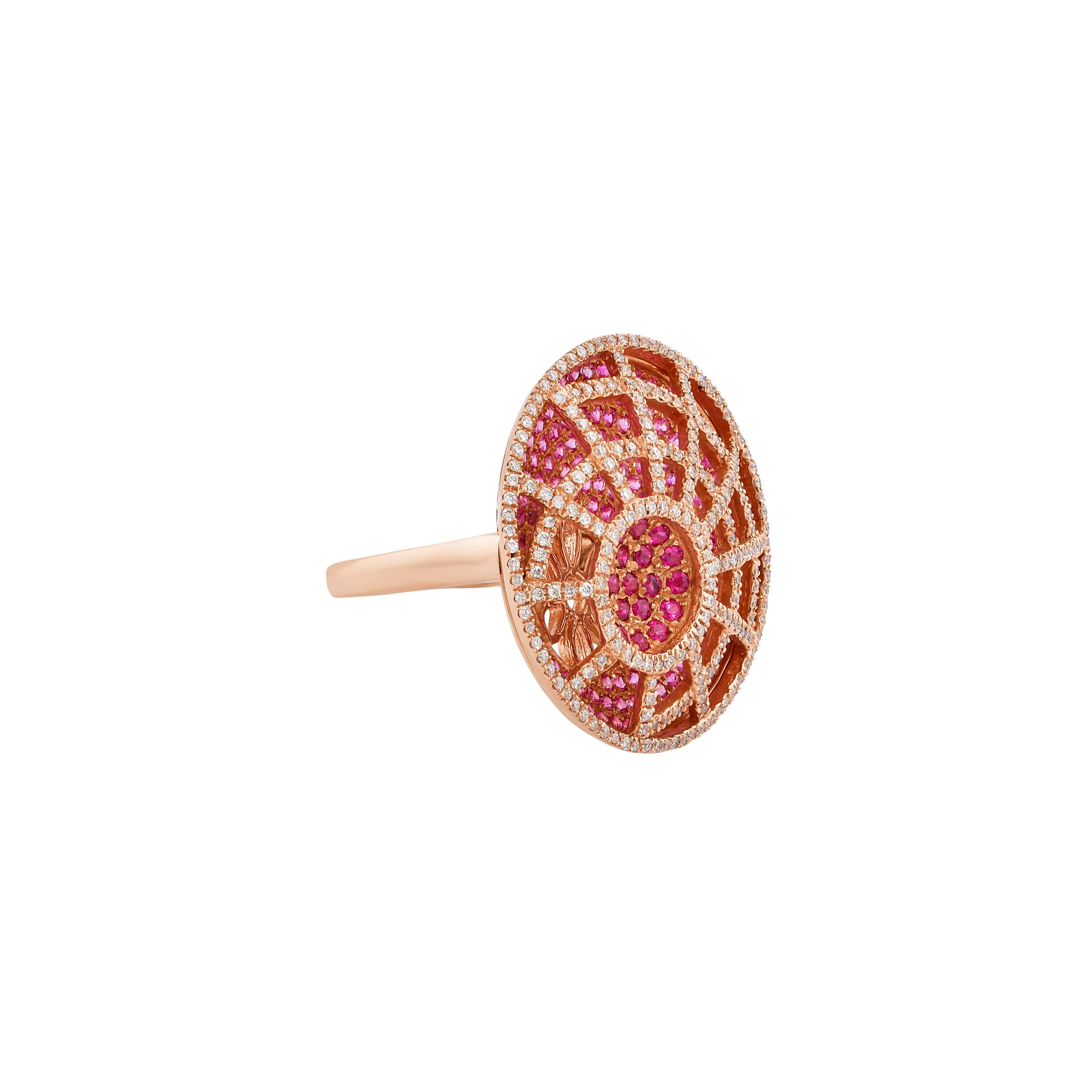 Round Cut Ruby and Pink Sapphire Cocktail Ring in 14 Karat Rose Gold For Sale