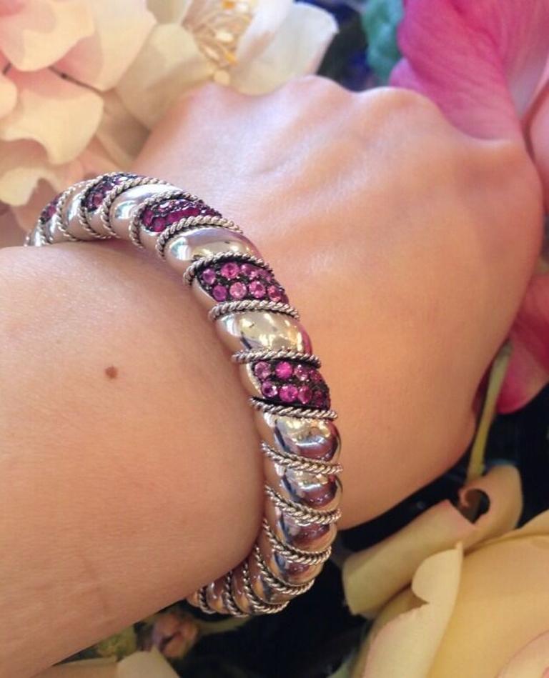 Ruby and Pink Sapphire Cuff Bangle Bracelet 3 carats 18K White Gold In Excellent Condition For Sale In La Jolla, CA