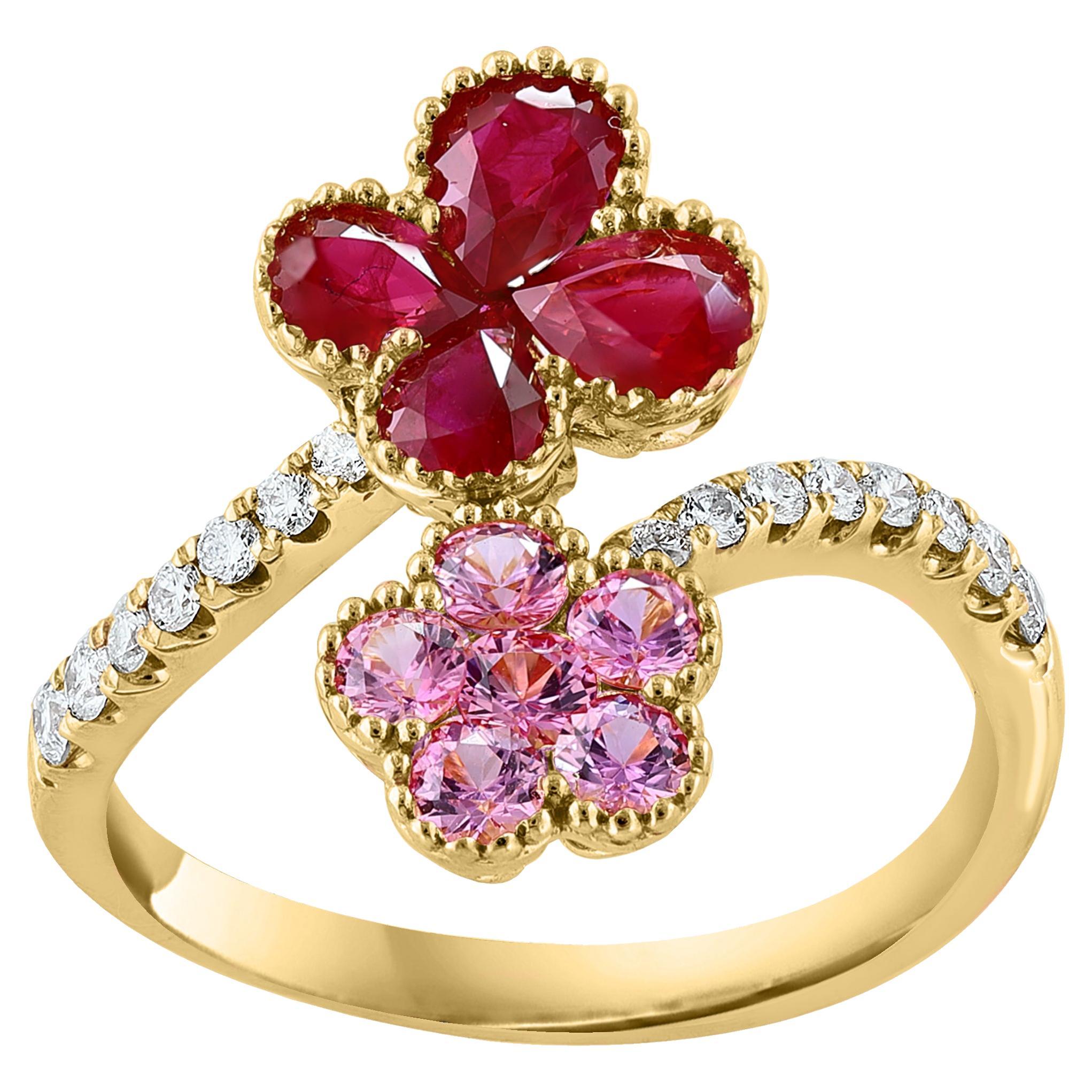 Diamantring mit Rubin und Pinkem Saphir und Blume aus 18K Gelbgold