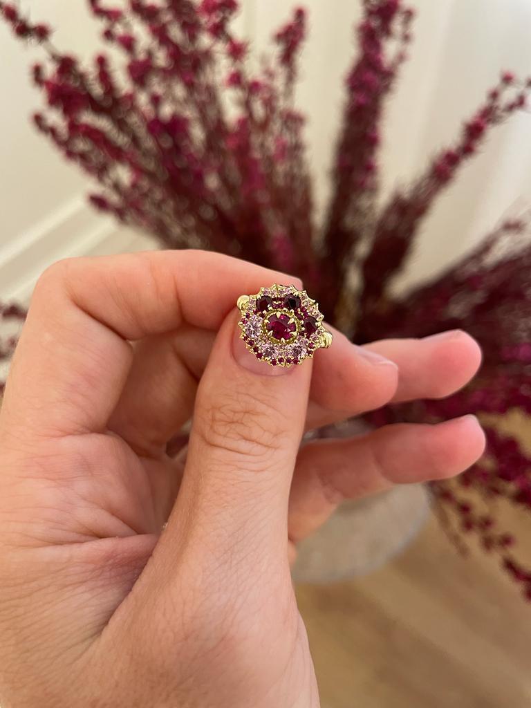 For Sale:  Ruby and Pink Sapphire Flower Ring in 18ct Yellow Gold 10