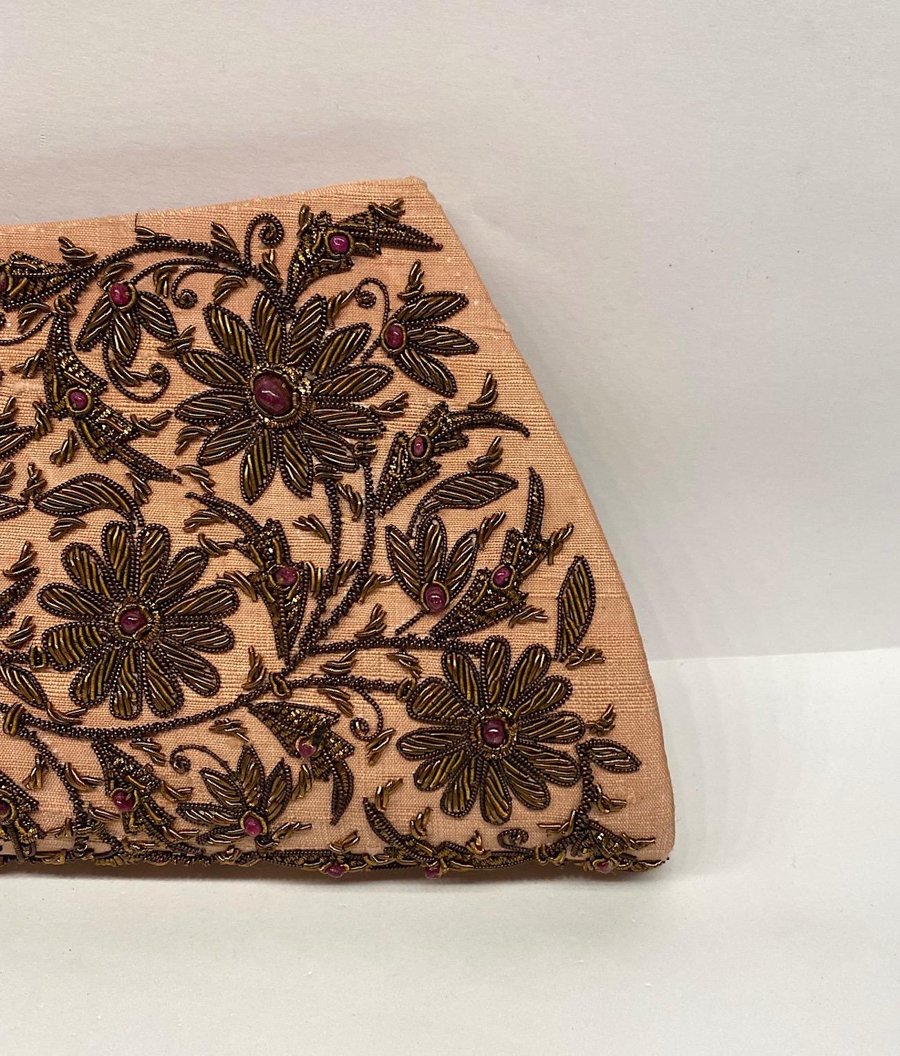 Brown Ruby and Pink Silk Embroidered Evening Bag For Sale
