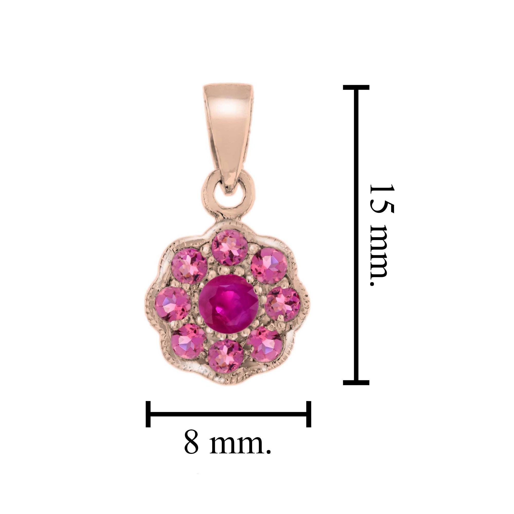 Round Cut Ruby and Pink Tourmaline Floral Cluster Pendant in 14K Rose Gold For Sale