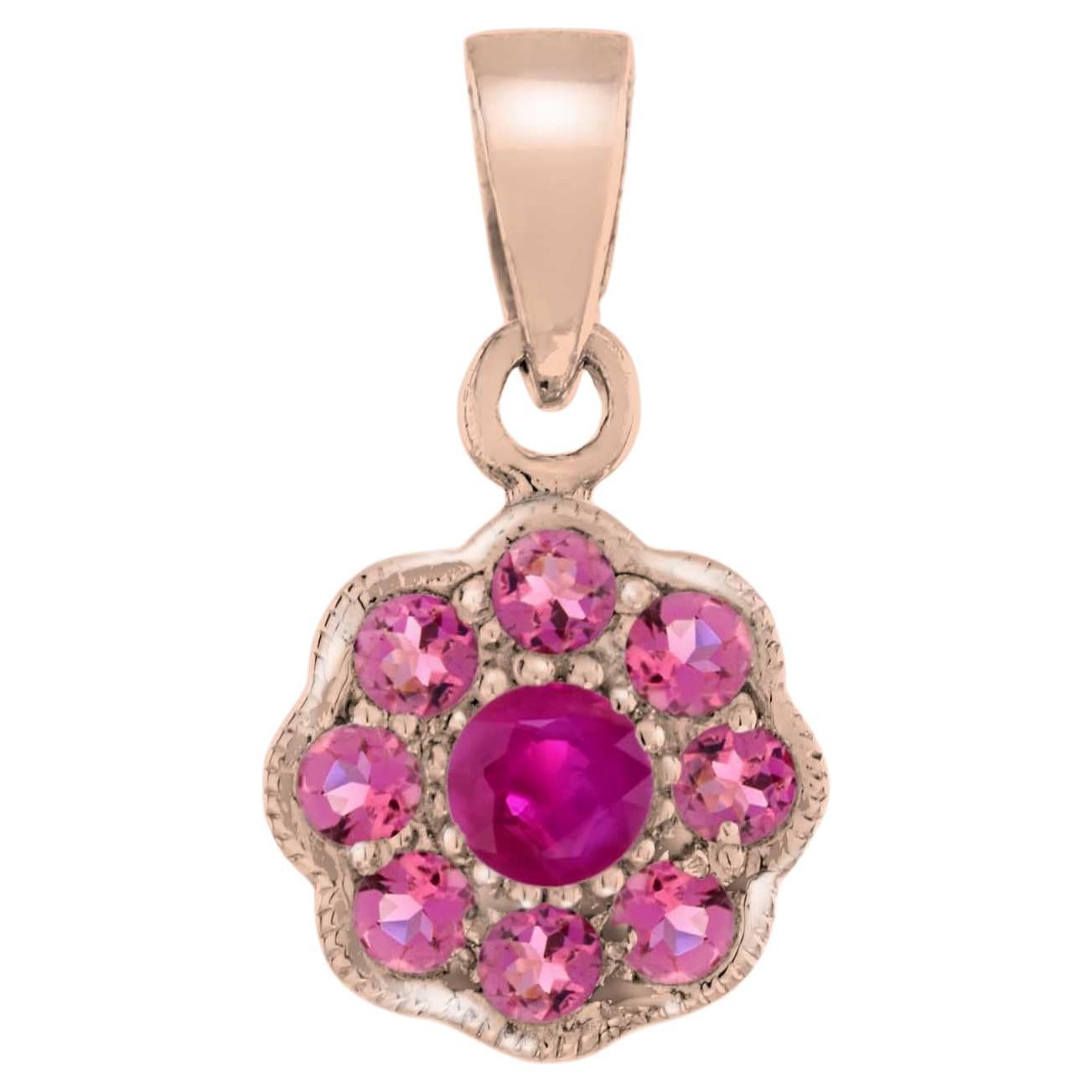 Ruby and Pink Tourmaline Floral Cluster Pendant in 14K Rose Gold For Sale
