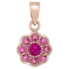 Ruby and Pink Tourmaline Floral Cluster Pendant in 14K Rose Gold