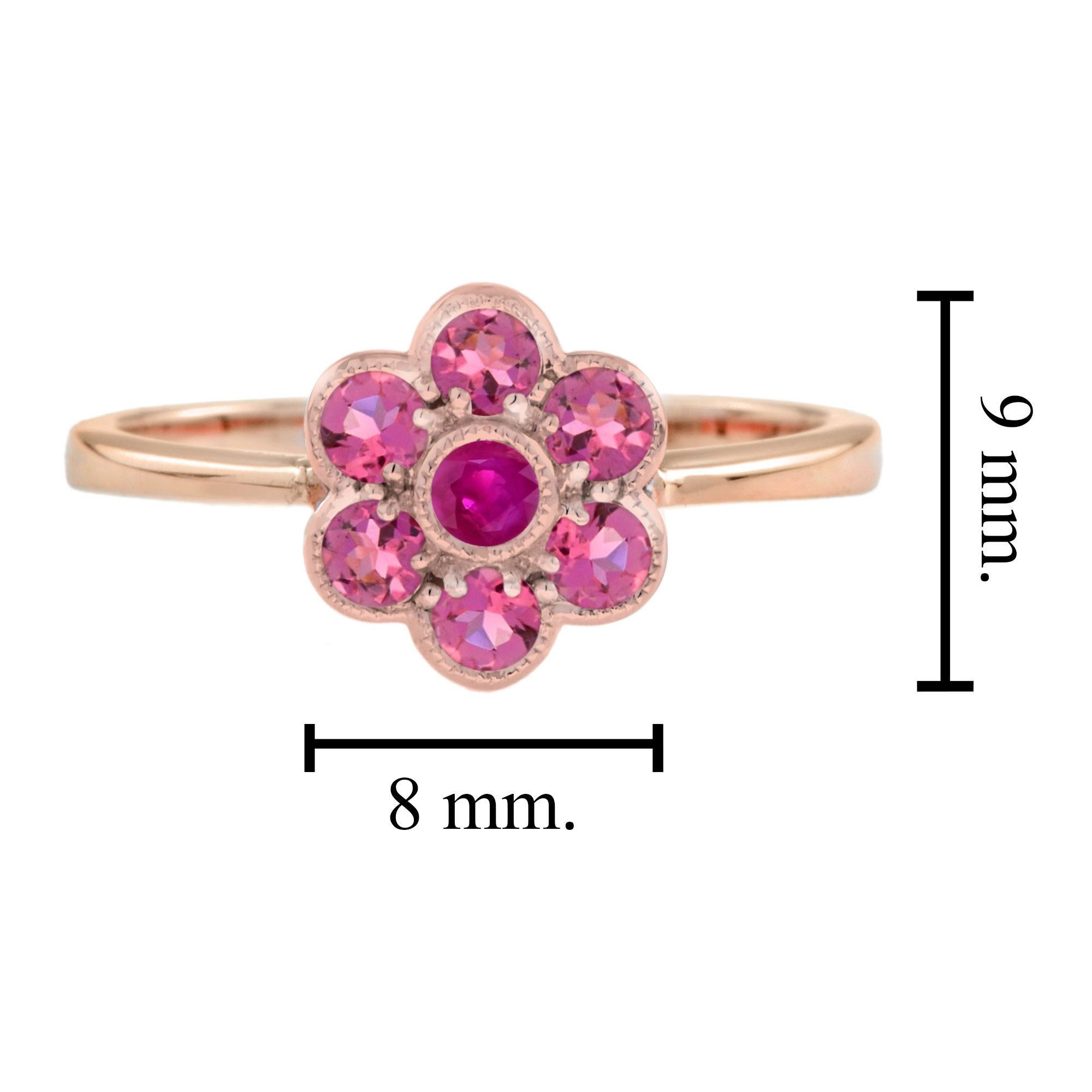 For Sale:  Ruby and Pink Tourmaline Floral Cluster Ring in 14K Rose Gold 8